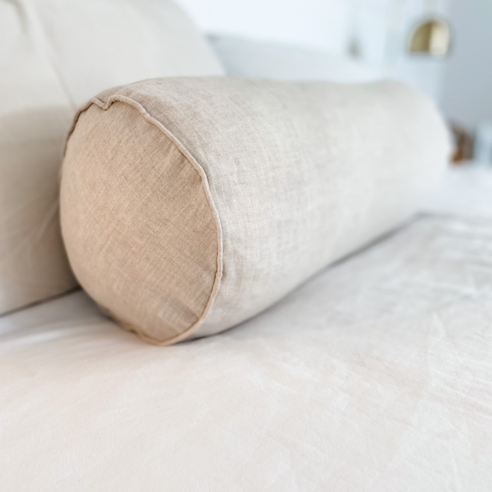 100% French Flax Linen Feather filled Bolster Cushion- Natural Oat gallery detail image