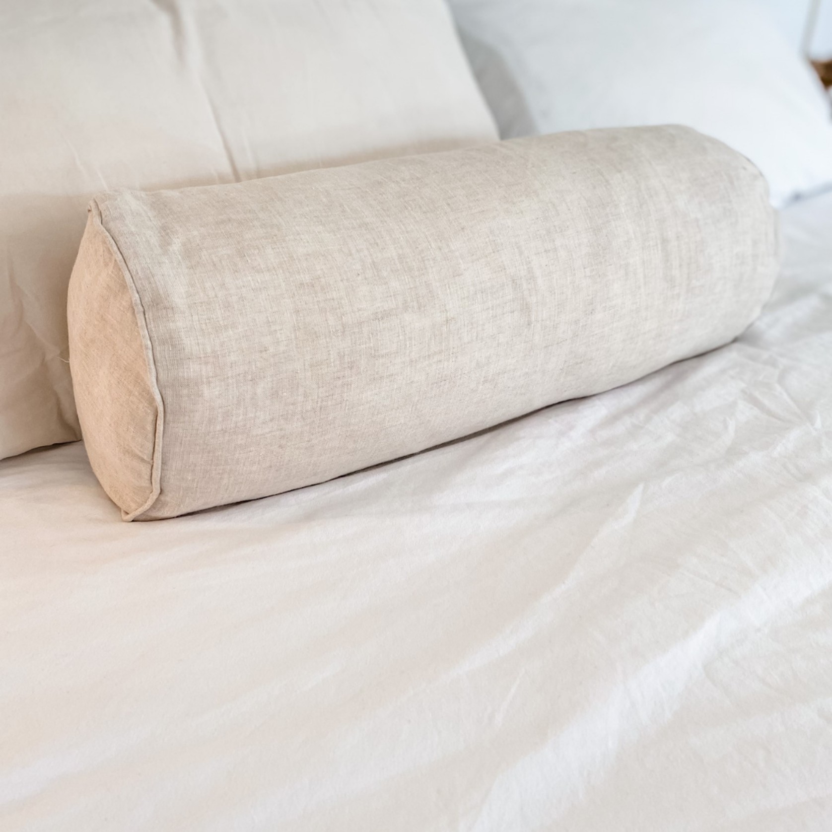 100% French Flax Linen Feather filled Bolster Cushion- Natural Oat gallery detail image