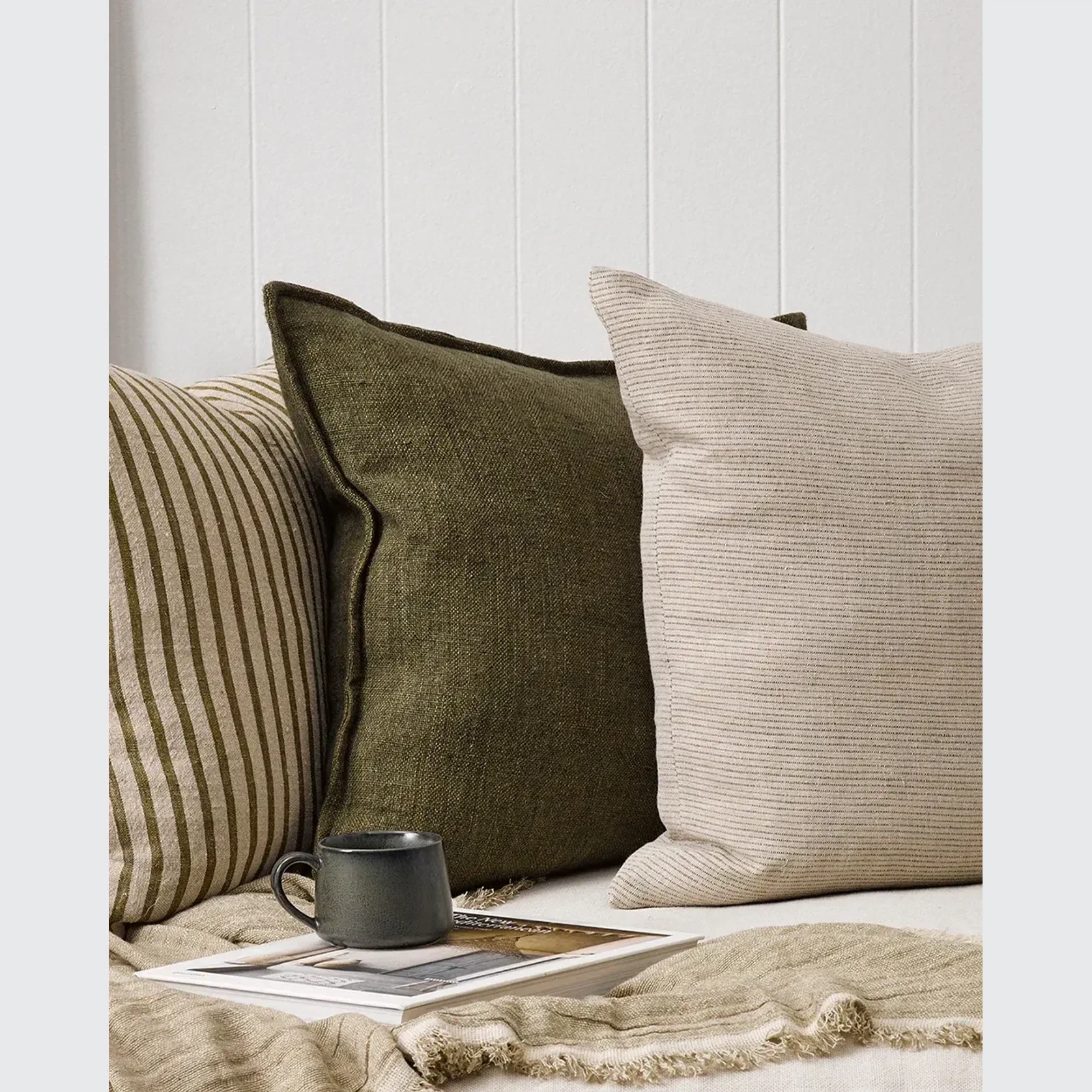 Baya Flaxmill Handwoven Linen Cushion - Winter Moss | Two Sizes gallery detail image