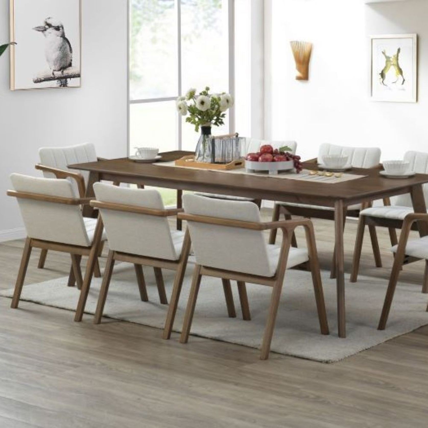 Elm 9PCE Hardwood Dining Set | Walnut & Beige Fabric gallery detail image
