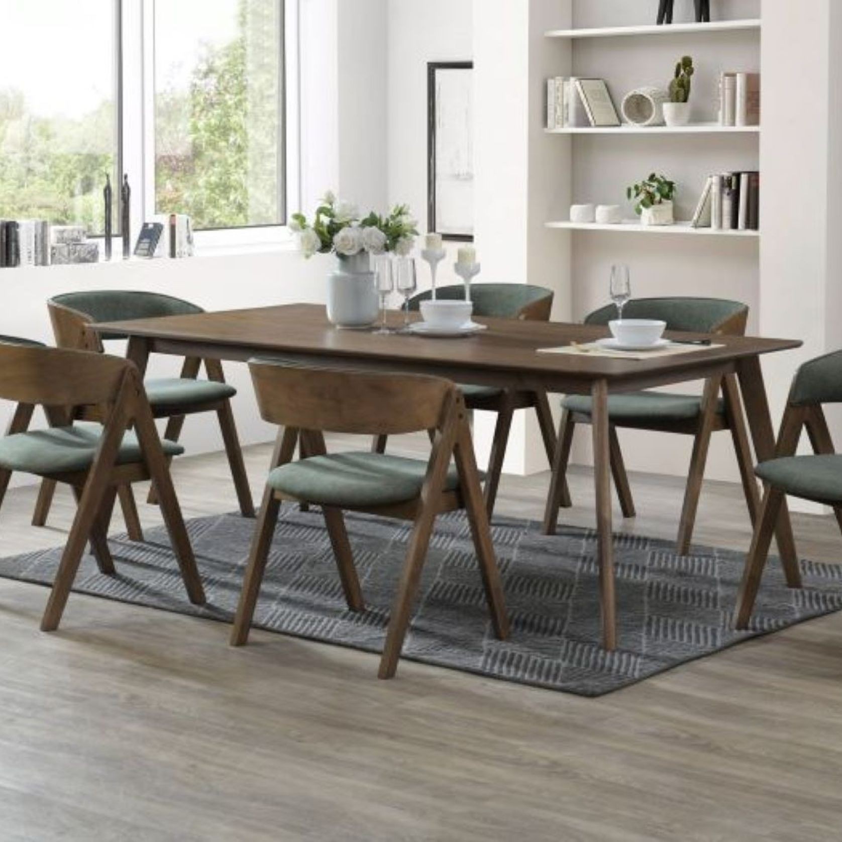 Gaudo 7PCE Hardwood Dining Set | Walnut & Green Fabric gallery detail image