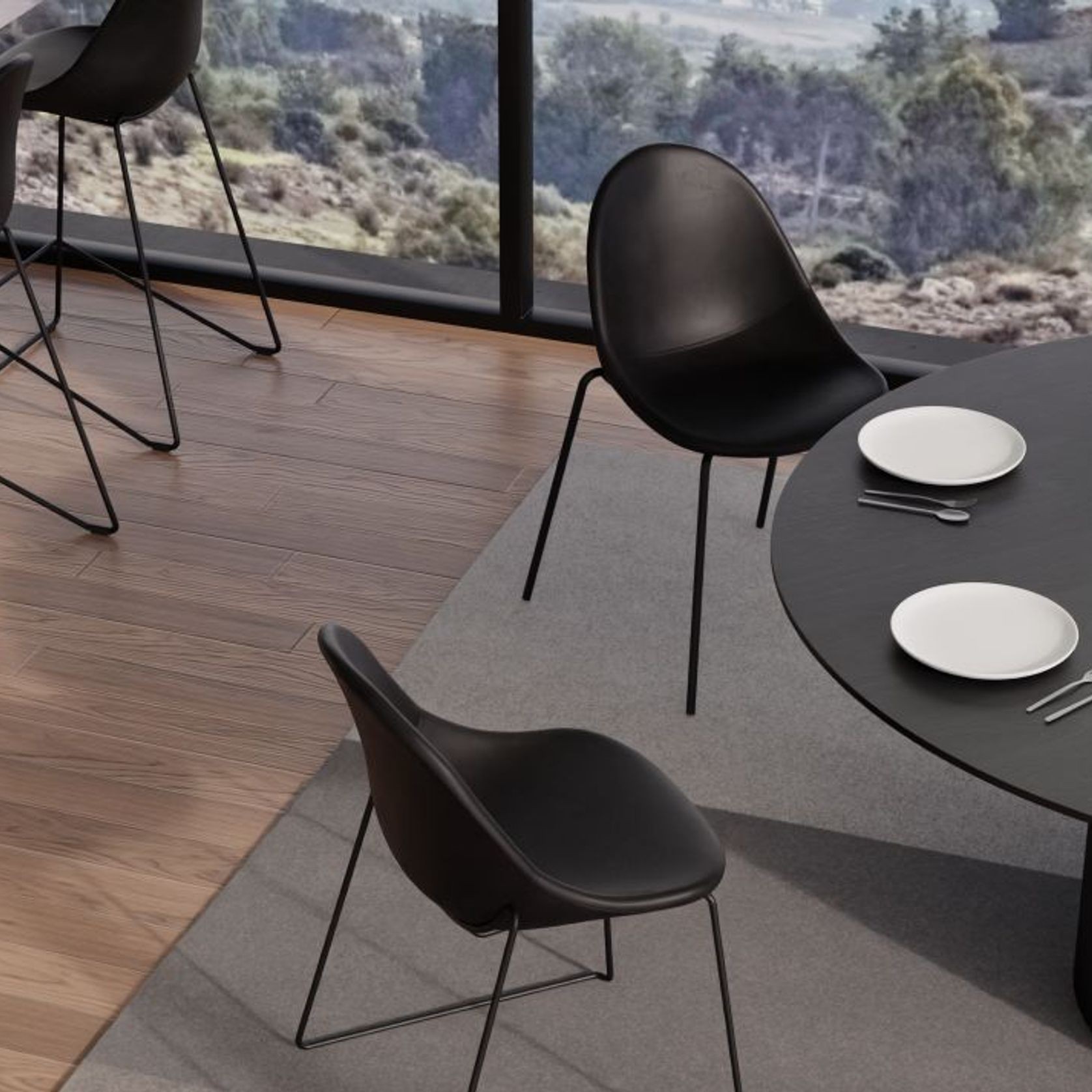 Pebble Chair Black Upholstered Vintage Seat - Pyramid Fixed Base with Castors - Black gallery detail image