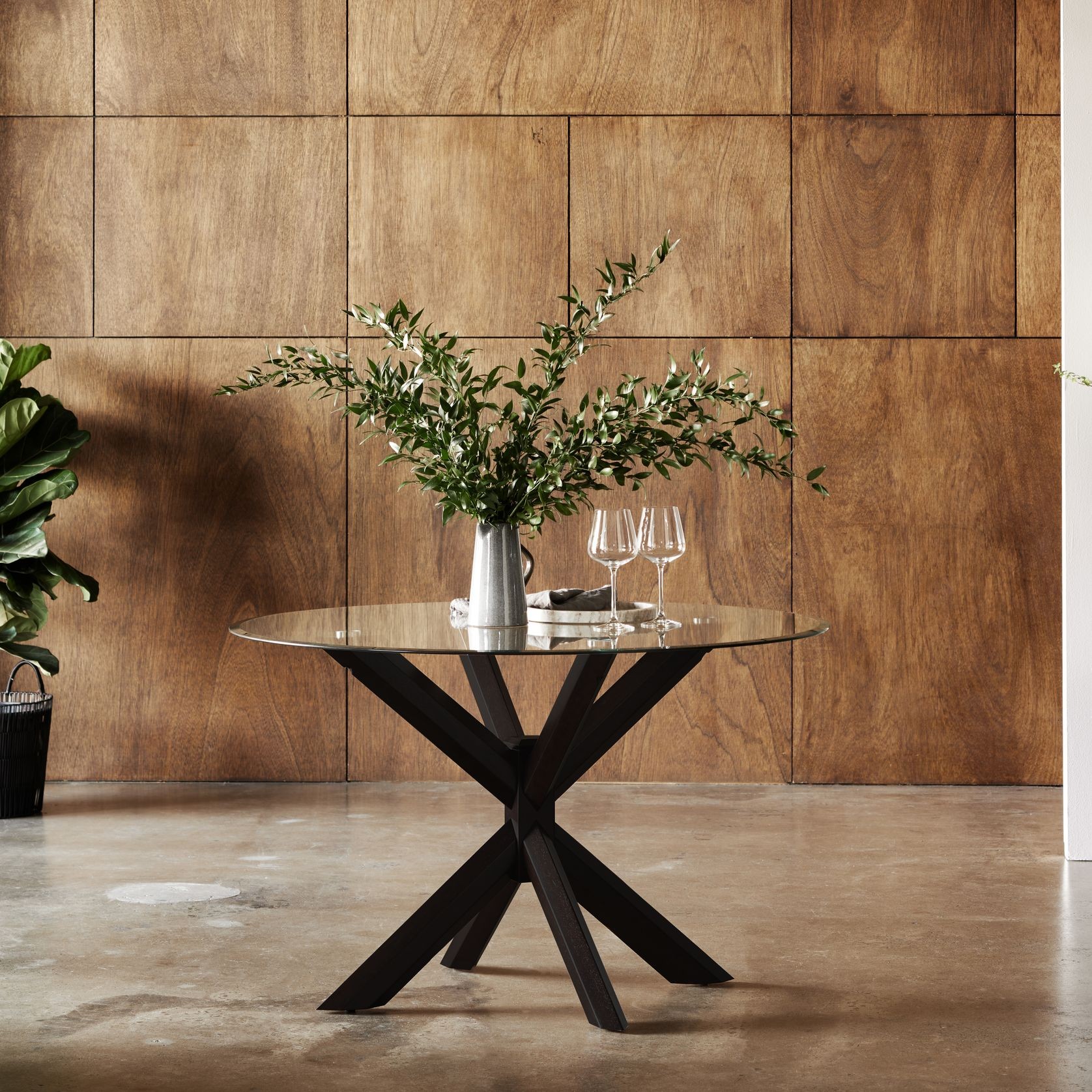 Bella Round Glass Dining Table | Black Hardwood Frame gallery detail image