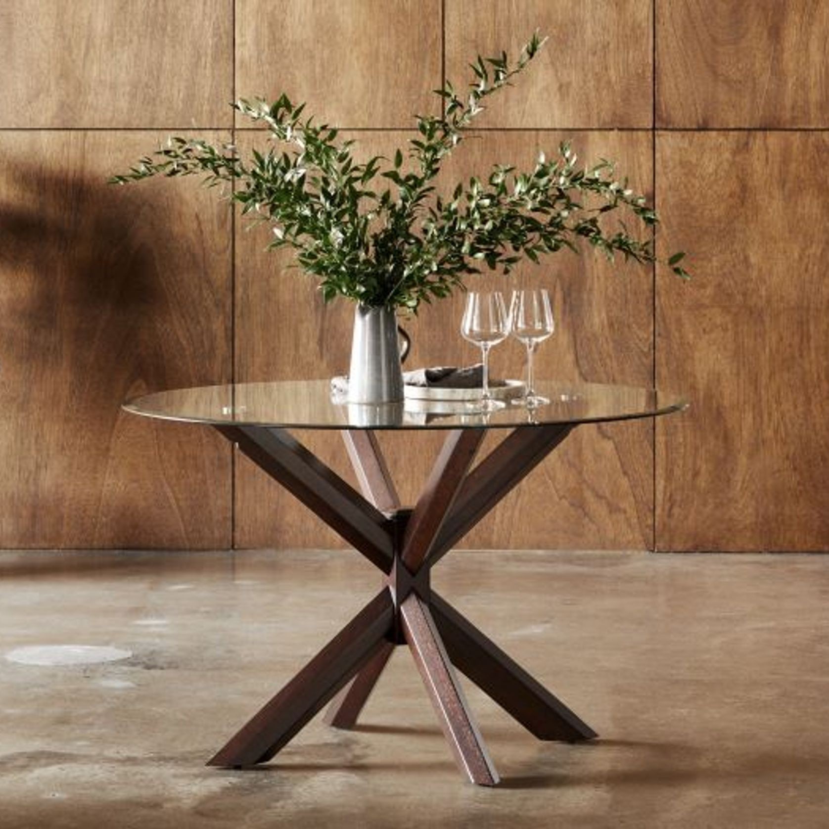 Bella Round Glass Dining Table | Dark Hardwood gallery detail image