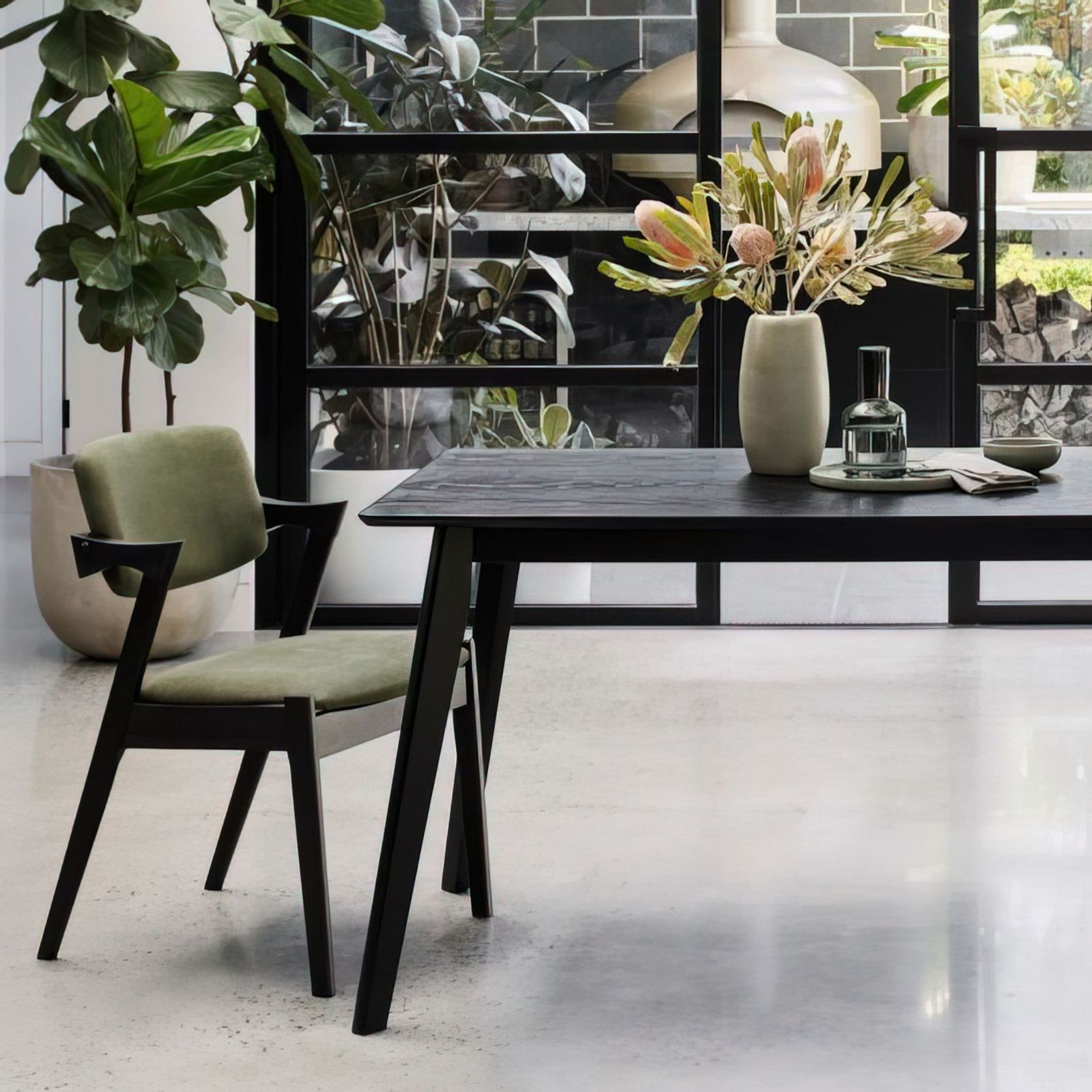 Cannes 7PCE Hardwood Black Dining Set | Green Fabric gallery detail image