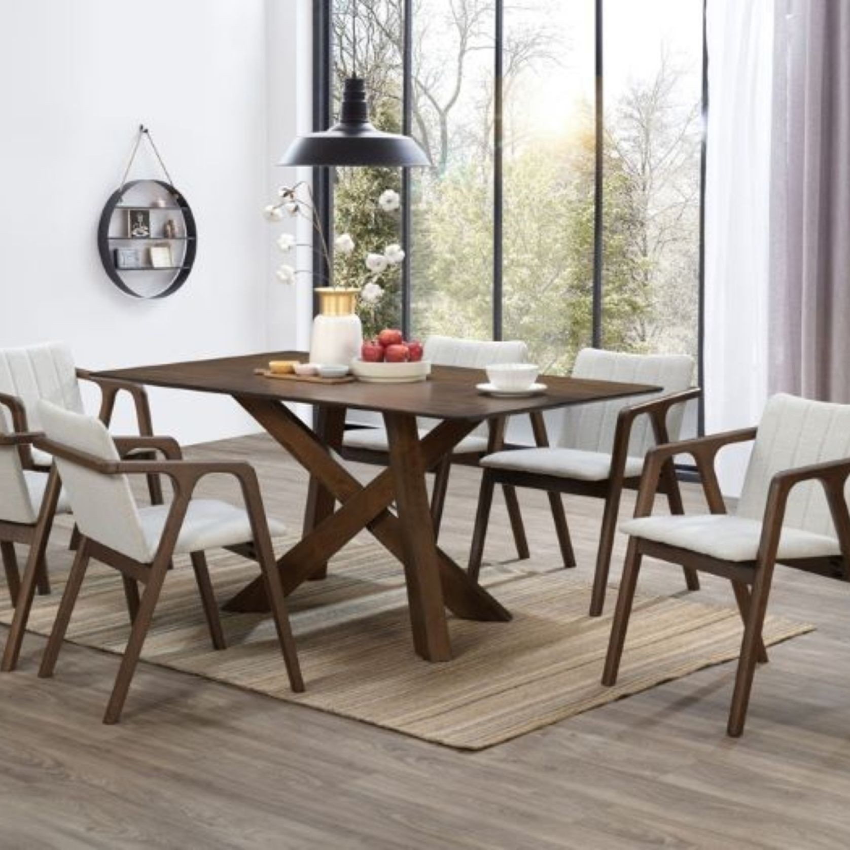 Cruz 7PCE Hardwood Dining Set | Walnut | Beige Fabric gallery detail image