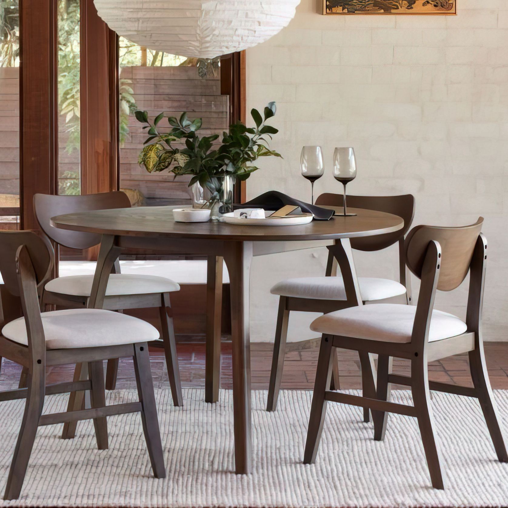 Soho 5PCE Hardwood Dining Set | Walnut | Beige Fabric gallery detail image