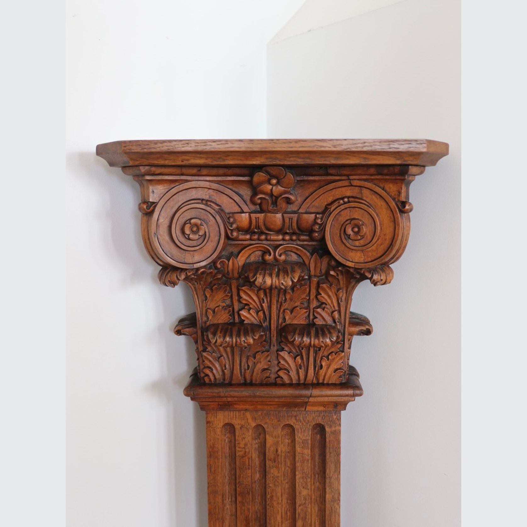 An Antique Carved Oak Corner Corinthian Display Column gallery detail image