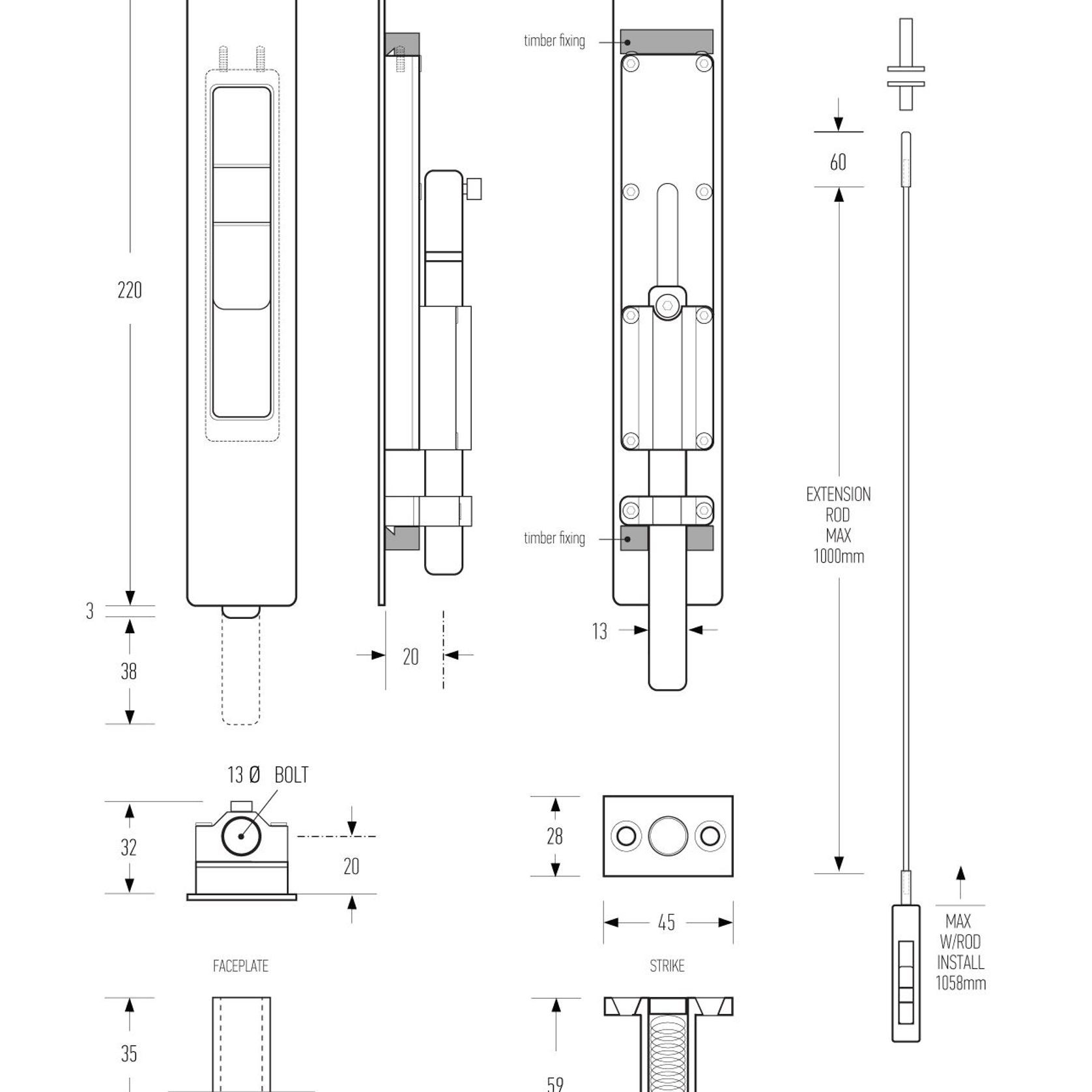 HB1820 Flush Bolt (Round Throw) gallery detail image