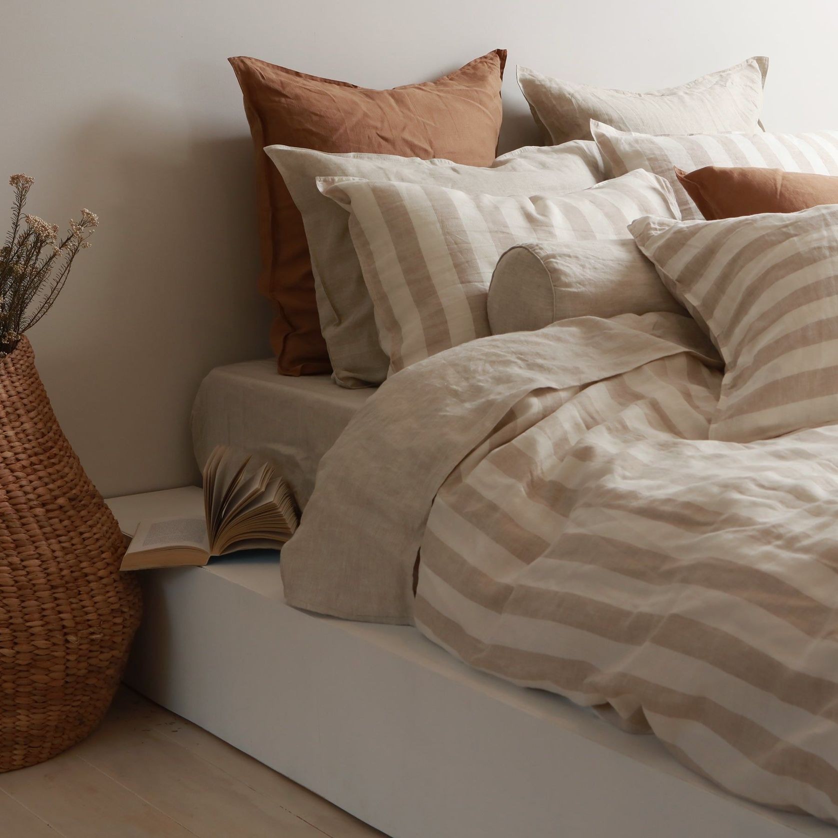 100% French Flax Linen Duvet Cover Set - Natural Stripe gallery detail image