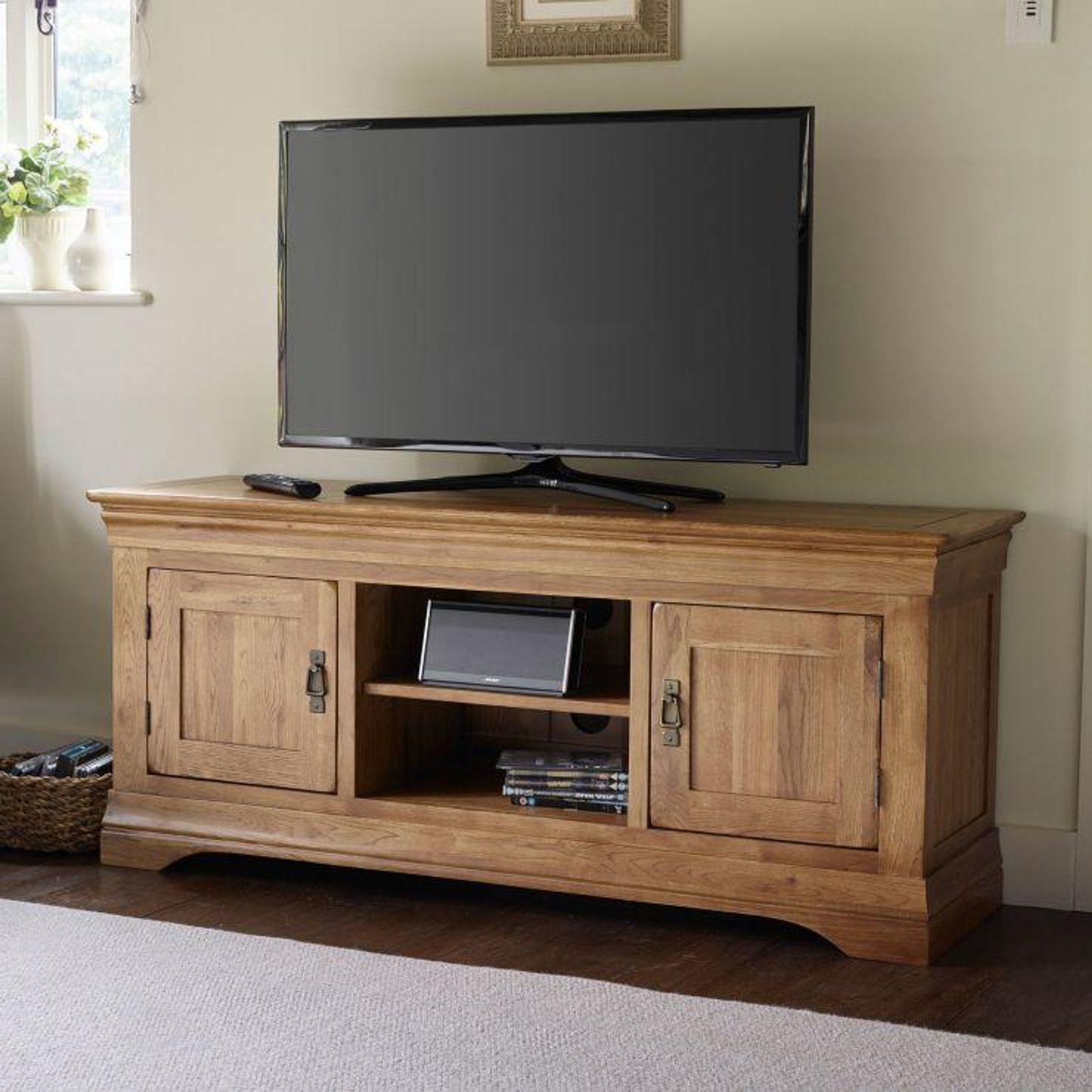 French Rustic Solid Oak Widescreen TV Cabinet gallery detail image
