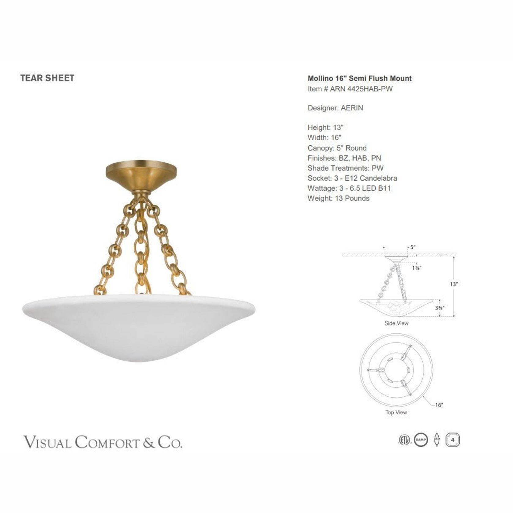 AERIN Mollino 16" Semi Flush Mount gallery detail image