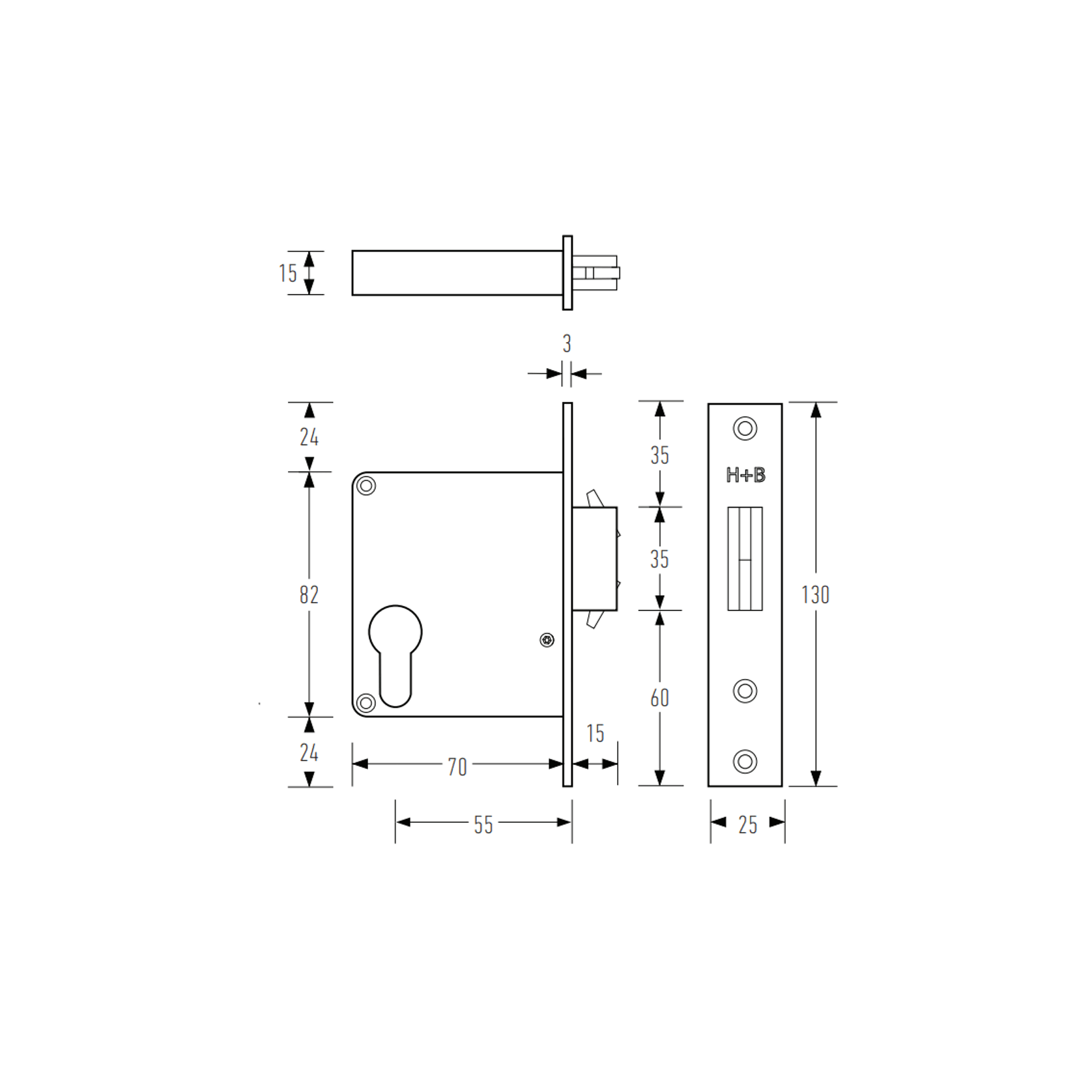 HB2020 Sliding Door Mortice Lock 55mm Backset gallery detail image