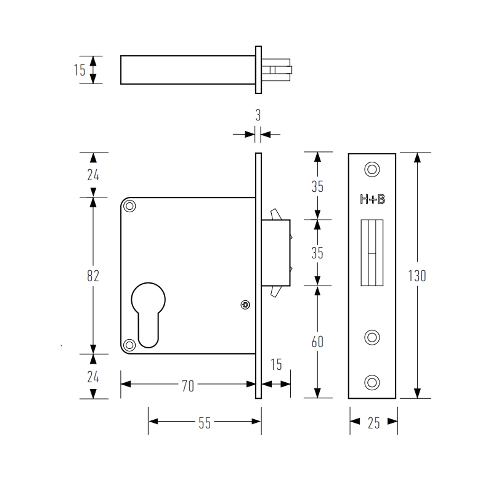 HB2020 Sliding Door Mortice Lock 55mm Backset gallery detail image