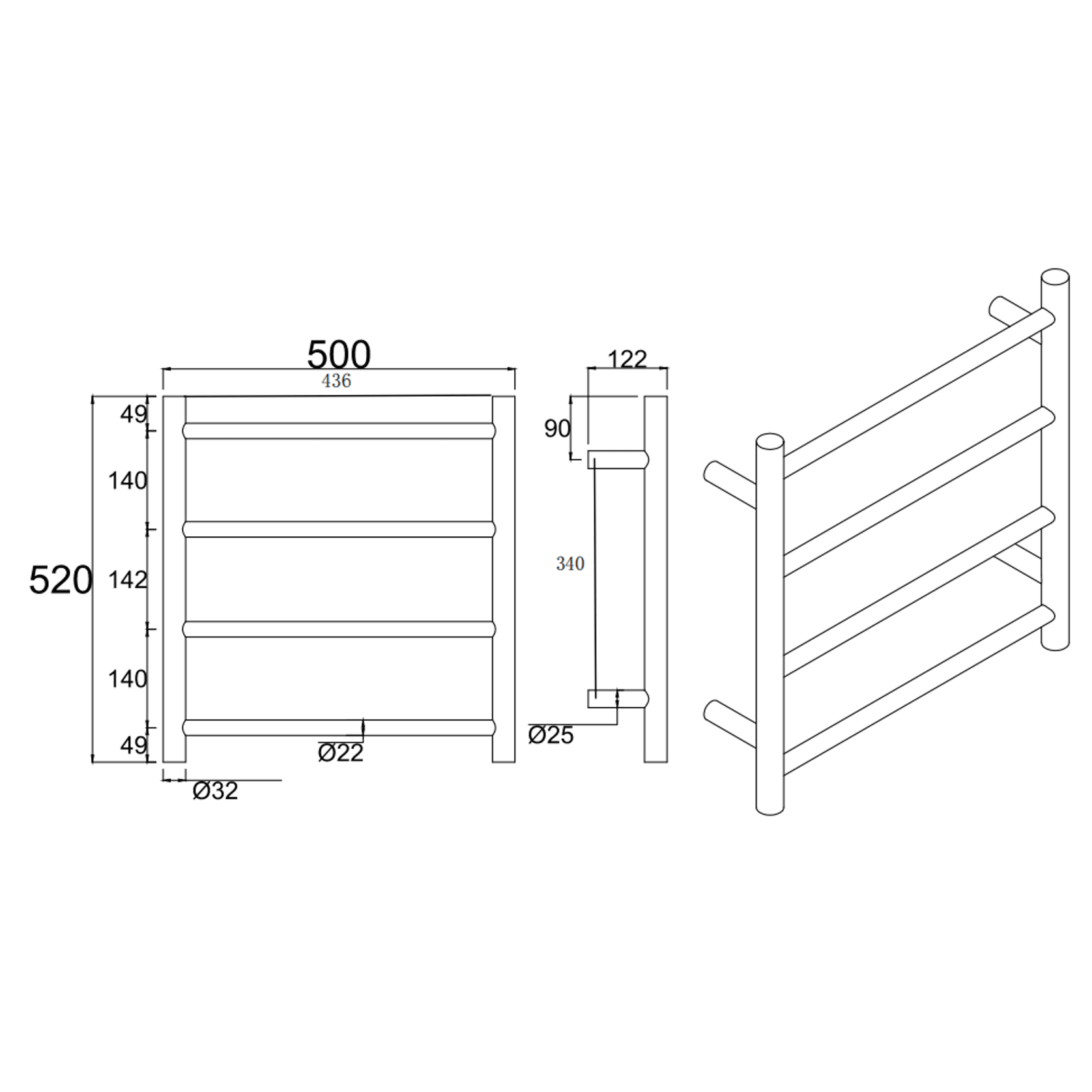 Round Electric Heated Towel Rack 4 Bars gallery detail image