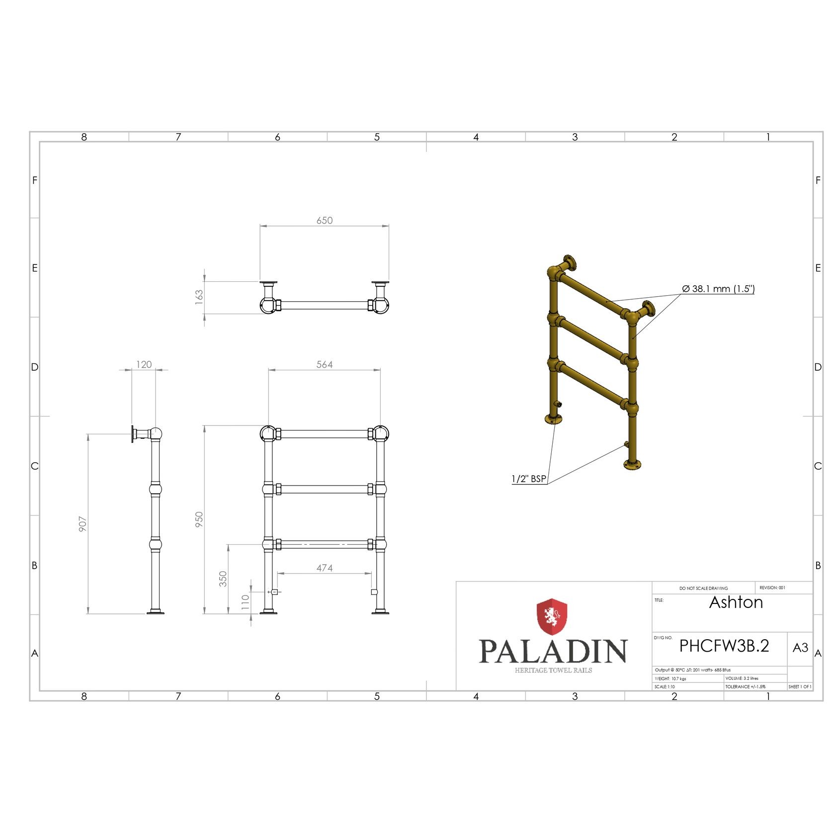 Paladin 3 Bar Ashton Towel Rail (Antique Bronze) gallery detail image
