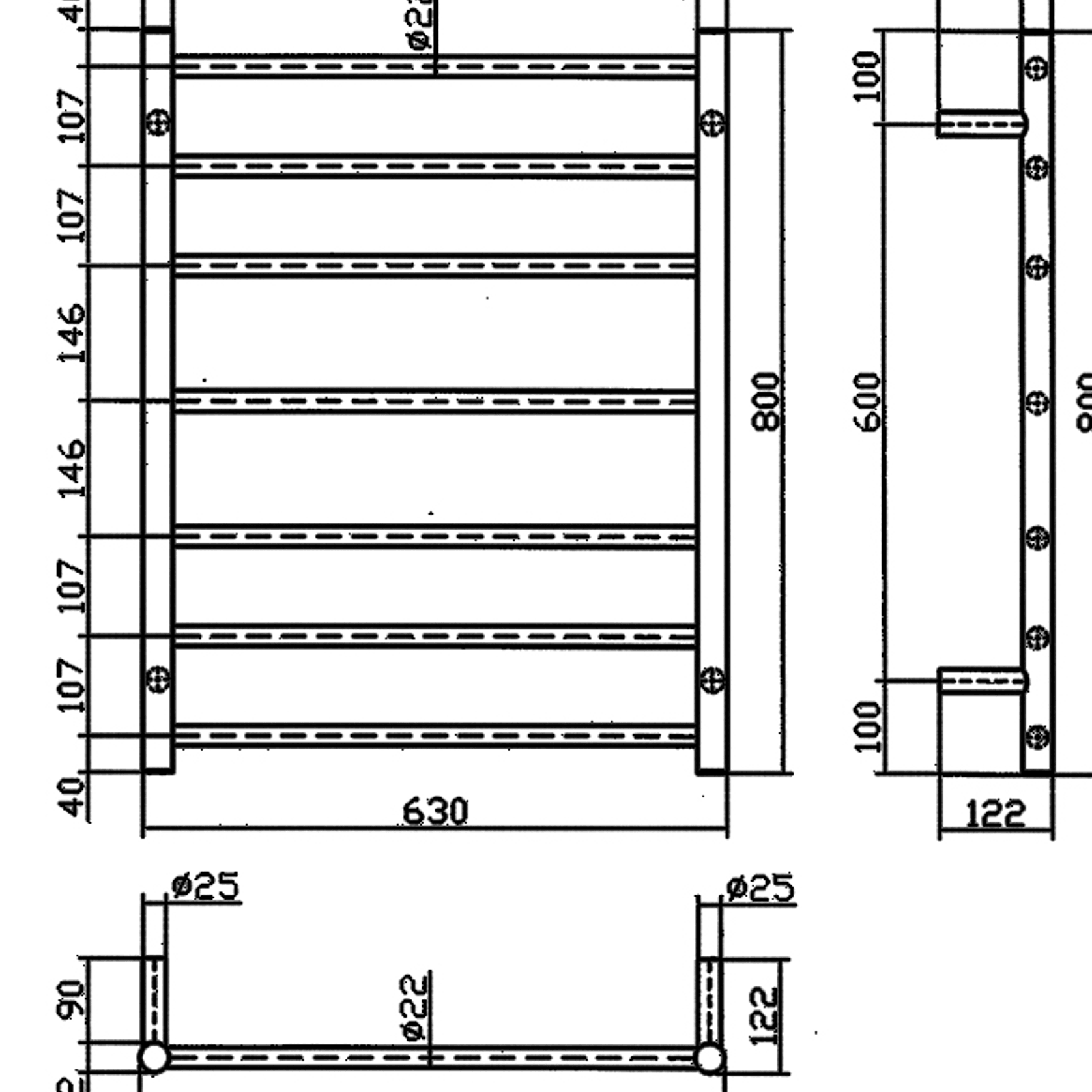 Calora Heated Towel Rail Ladder 7 Bar 630x122x800mm gallery detail image