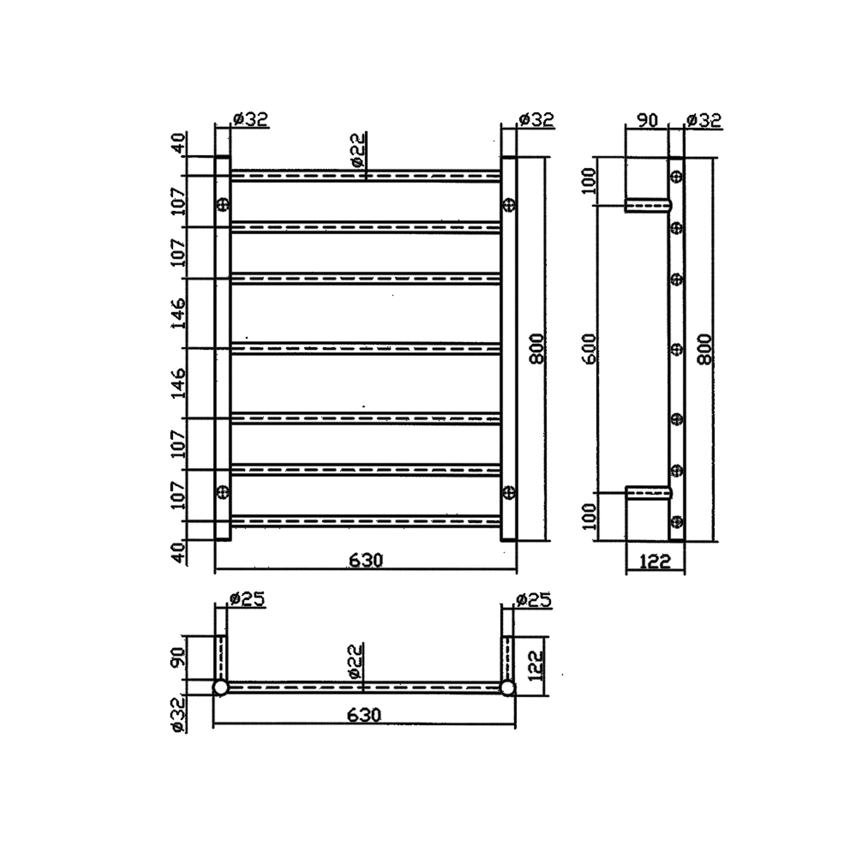 Calora Heated Towel Rail Ladder 7 Bar 630x122x800mm gallery detail image