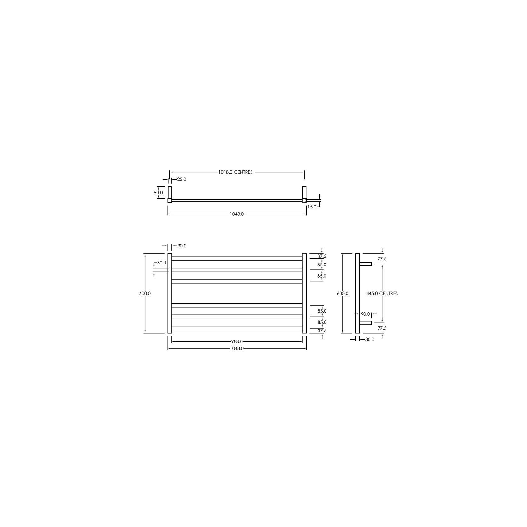 Square Towel Rail 240V 600 x 1050mm Satin Black gallery detail image