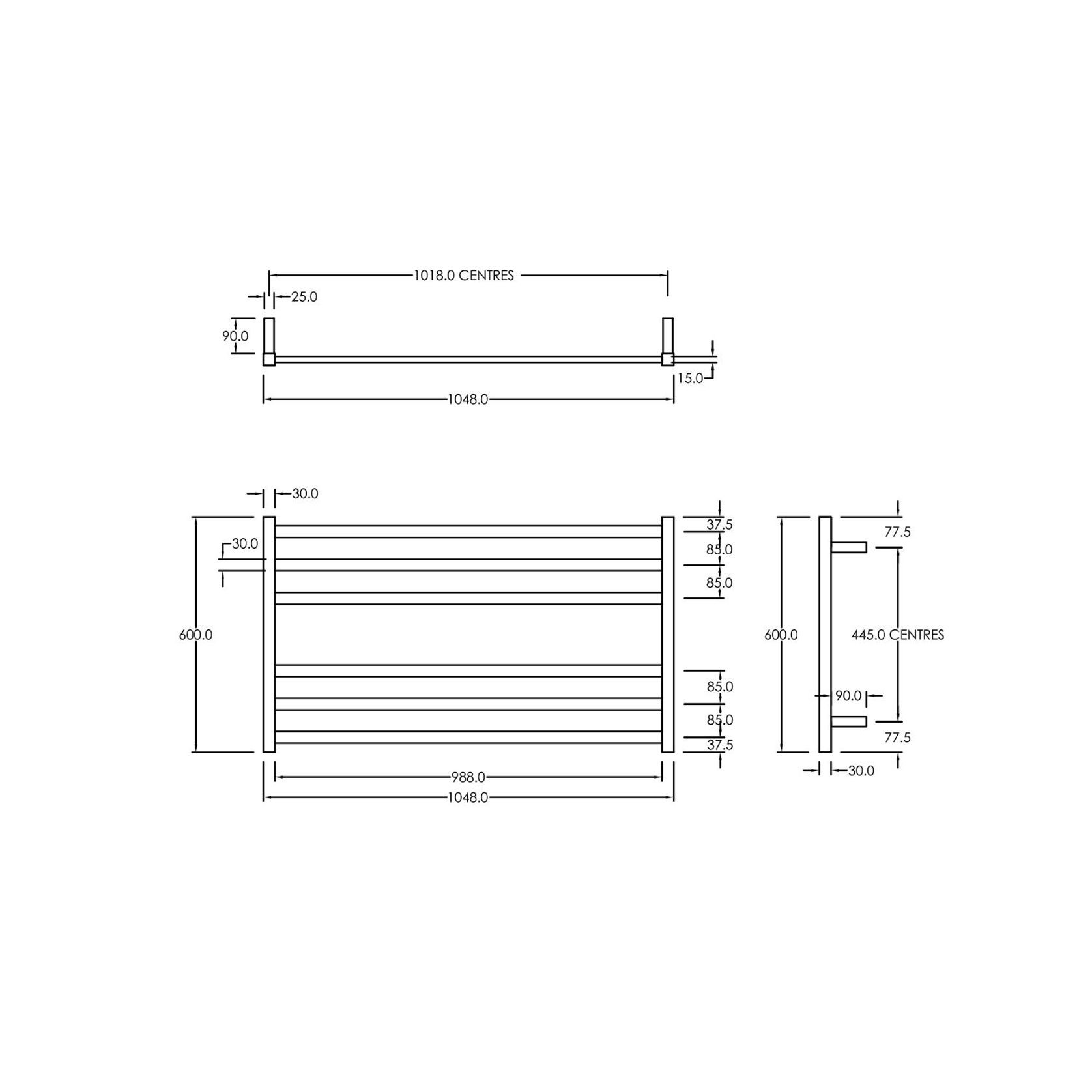 Square Towel Rail 240V 600 x 1050mm Satin Black gallery detail image