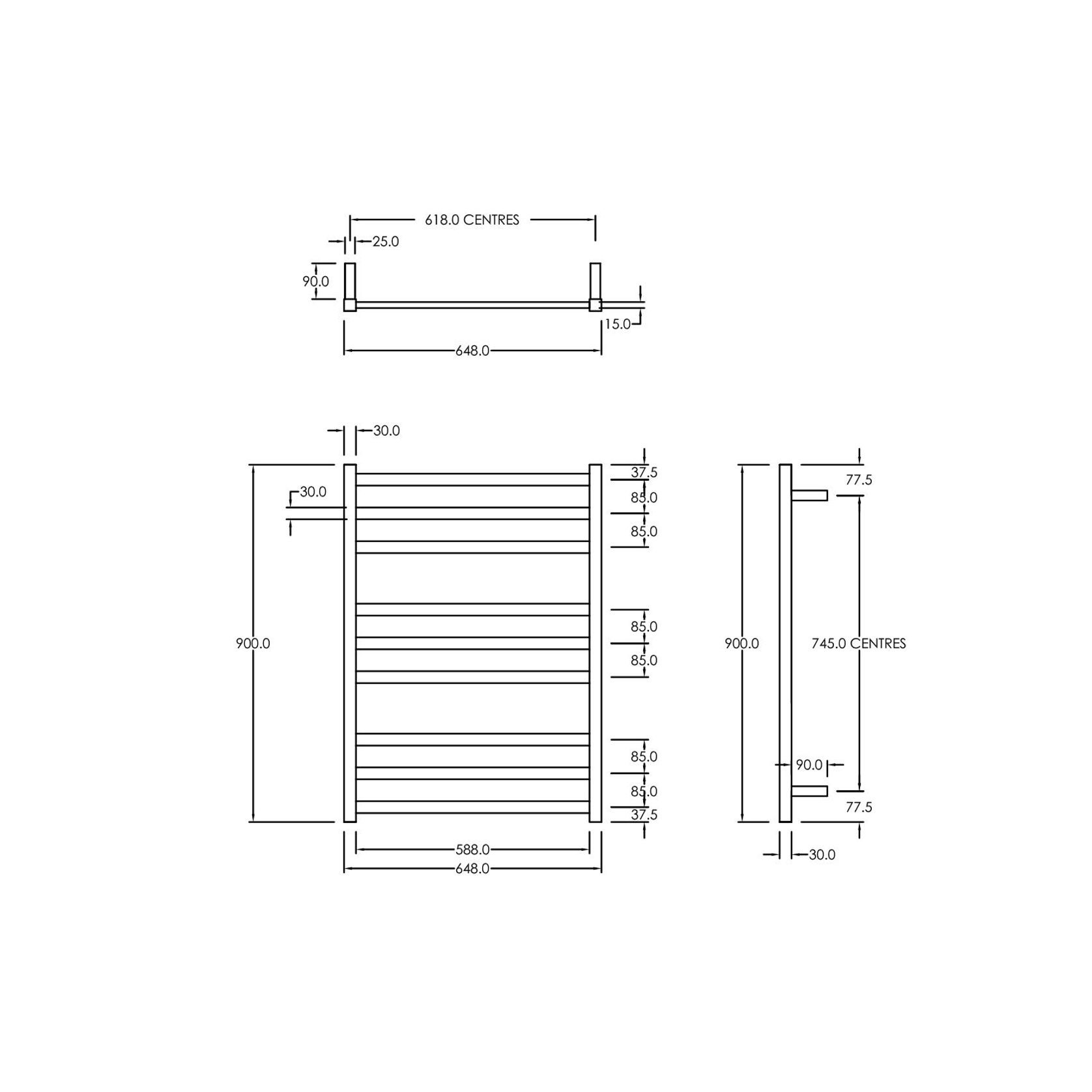 Square Towel Rail 240V 900 x 650mm Gun Metal gallery detail image