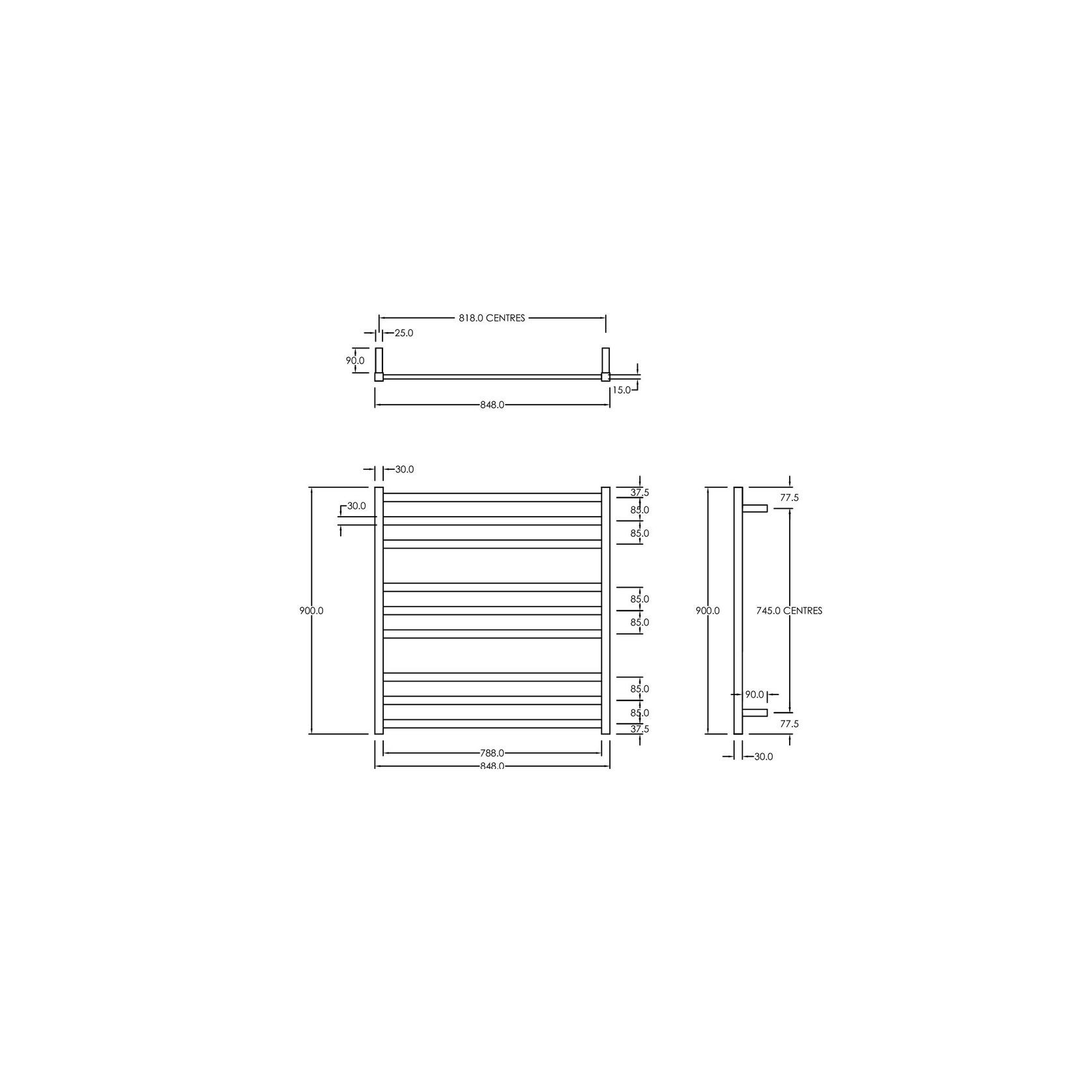 Square Towel Rail 240V 900 x 850mm Satin Black gallery detail image