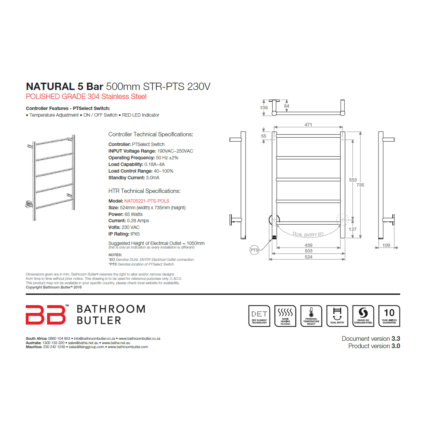 NATURAL 5 Bar 500mm Straight Heated Towel Rail with PTSelect Switch gallery detail image