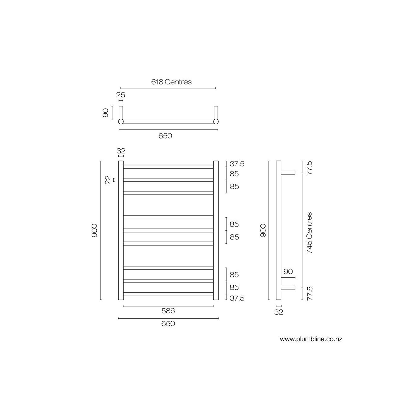 Tube 9 Bar Heated Towel Ladder 90 X 65cm gallery detail image