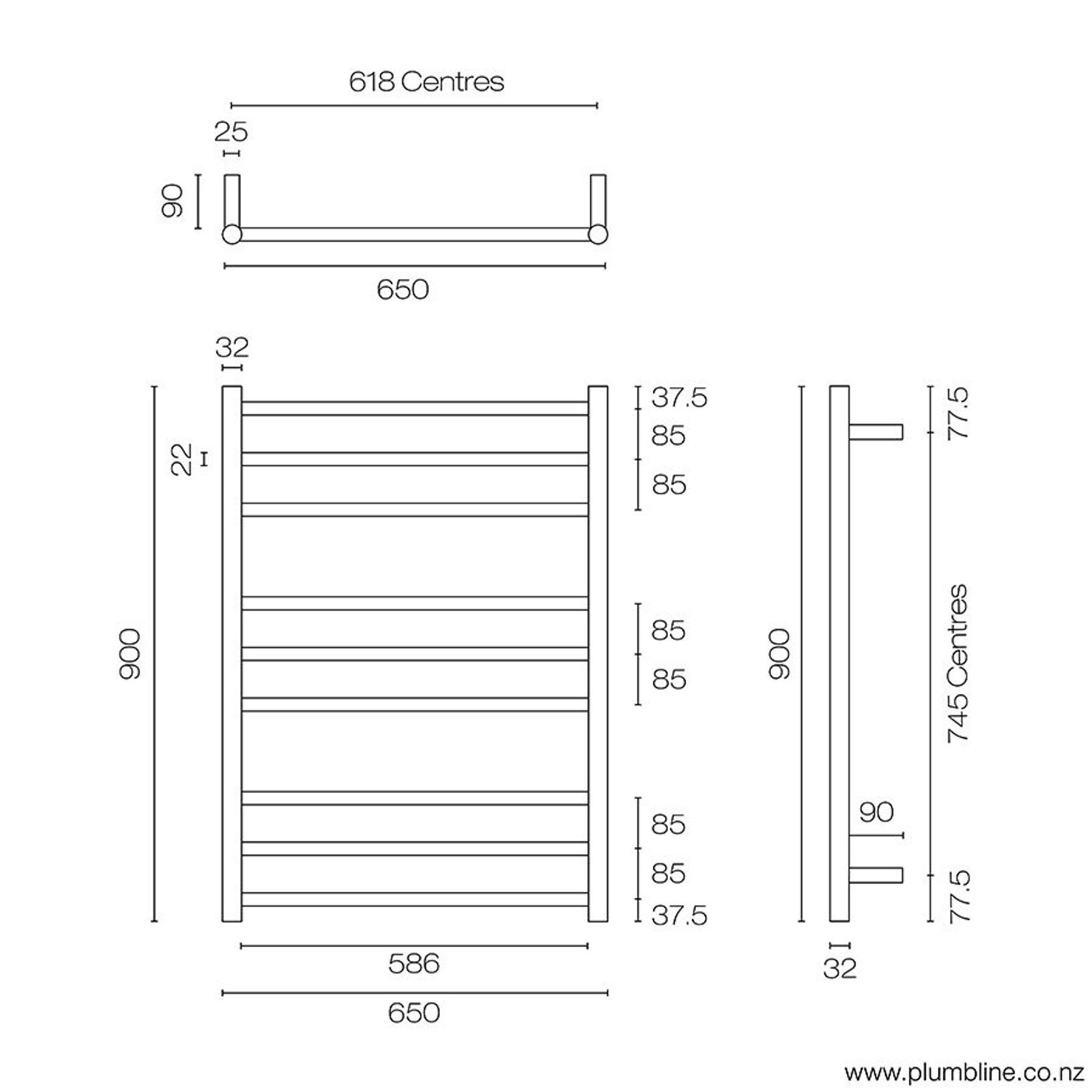 Tube 9 Bar Heated Towel Ladder 90 X 65cm gallery detail image