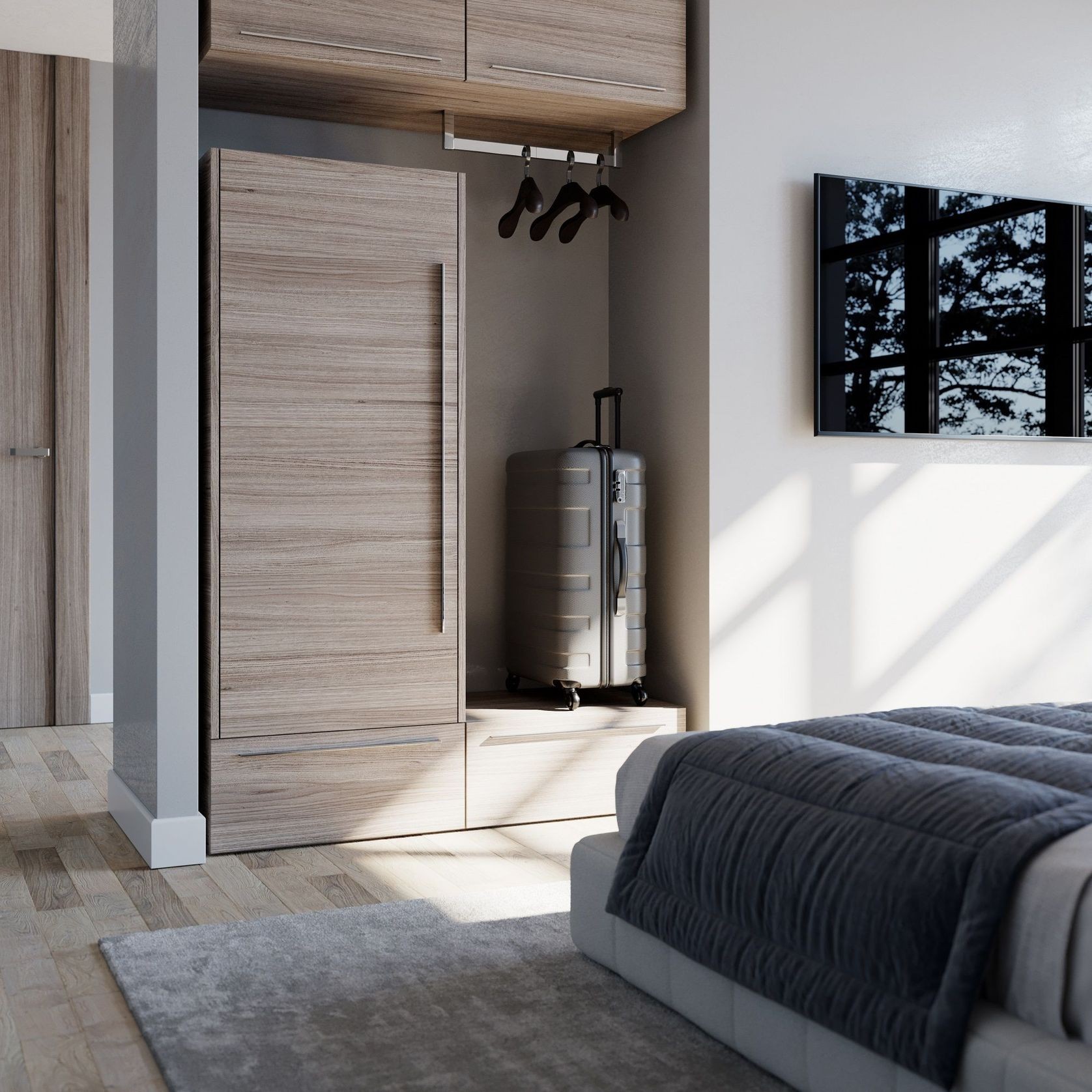 Salice Gravity Pocket Doors Installed with Full Height Doors for Hotel Room Mini Bar - Closed
