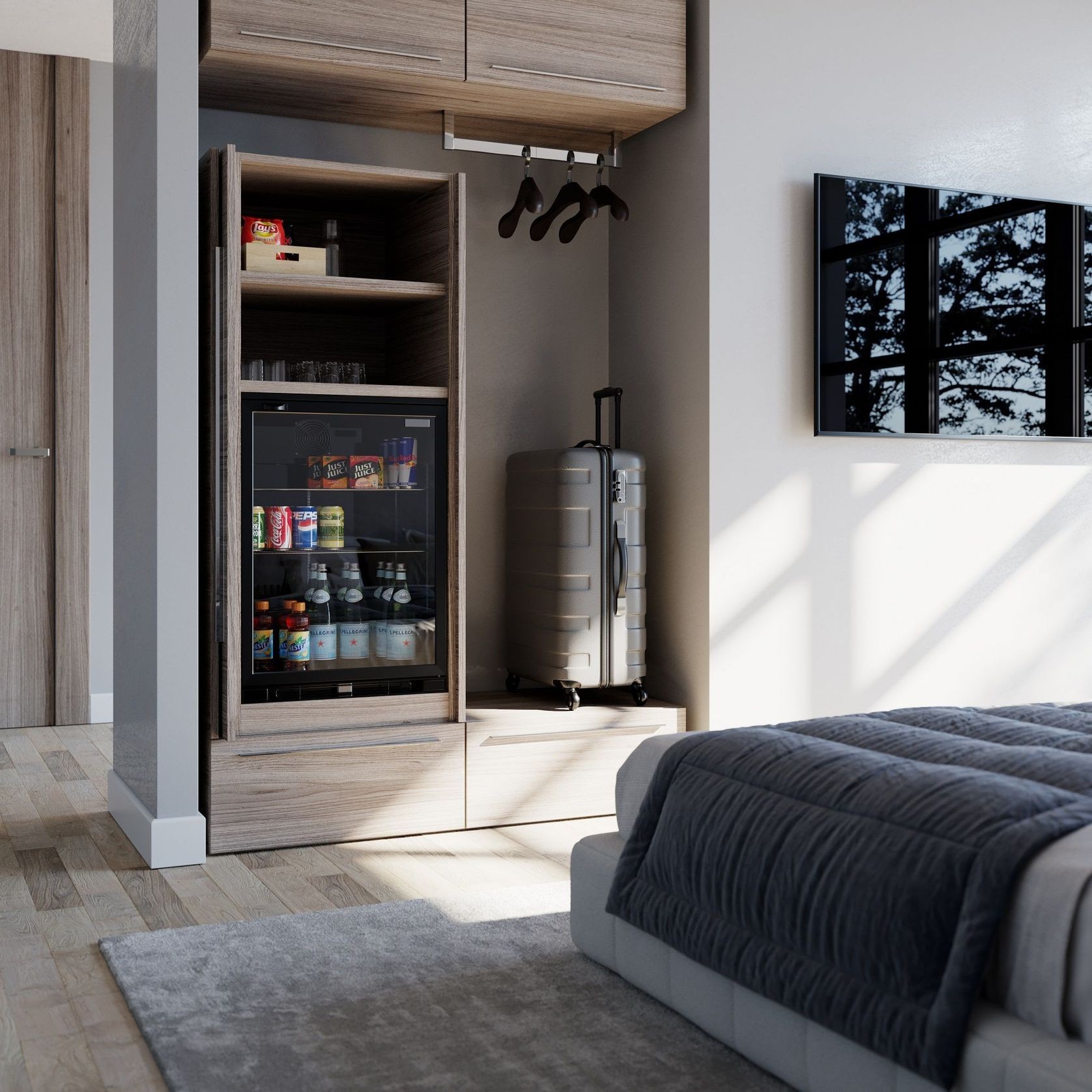 Salice Gravity Pocket Doors Installed with Full Height Doors for Hotel Room Mini Bar - Fully Open