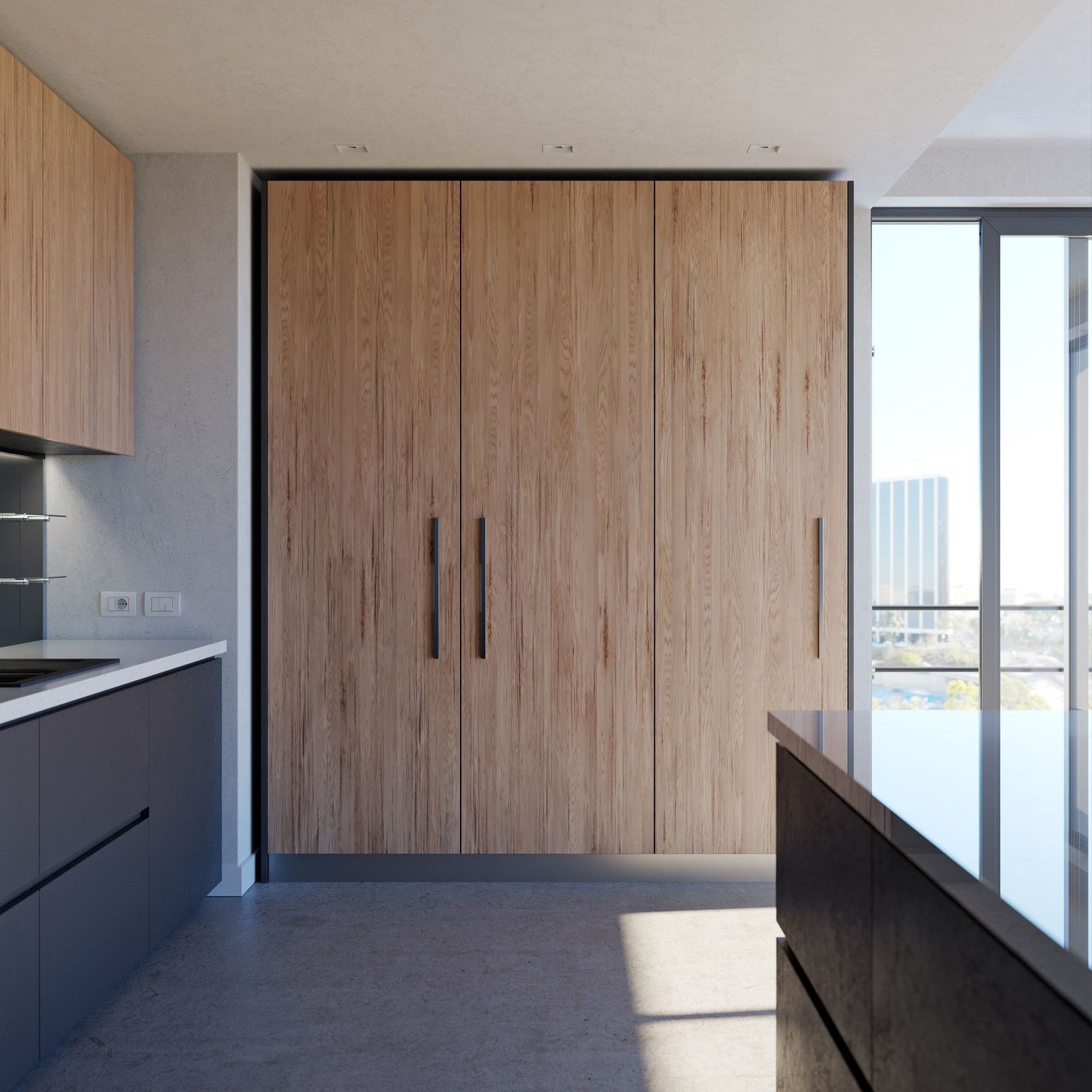 Salice Gravity Pocket Doors Installed with Full Height Doors for Pantry and Appliances - Closed