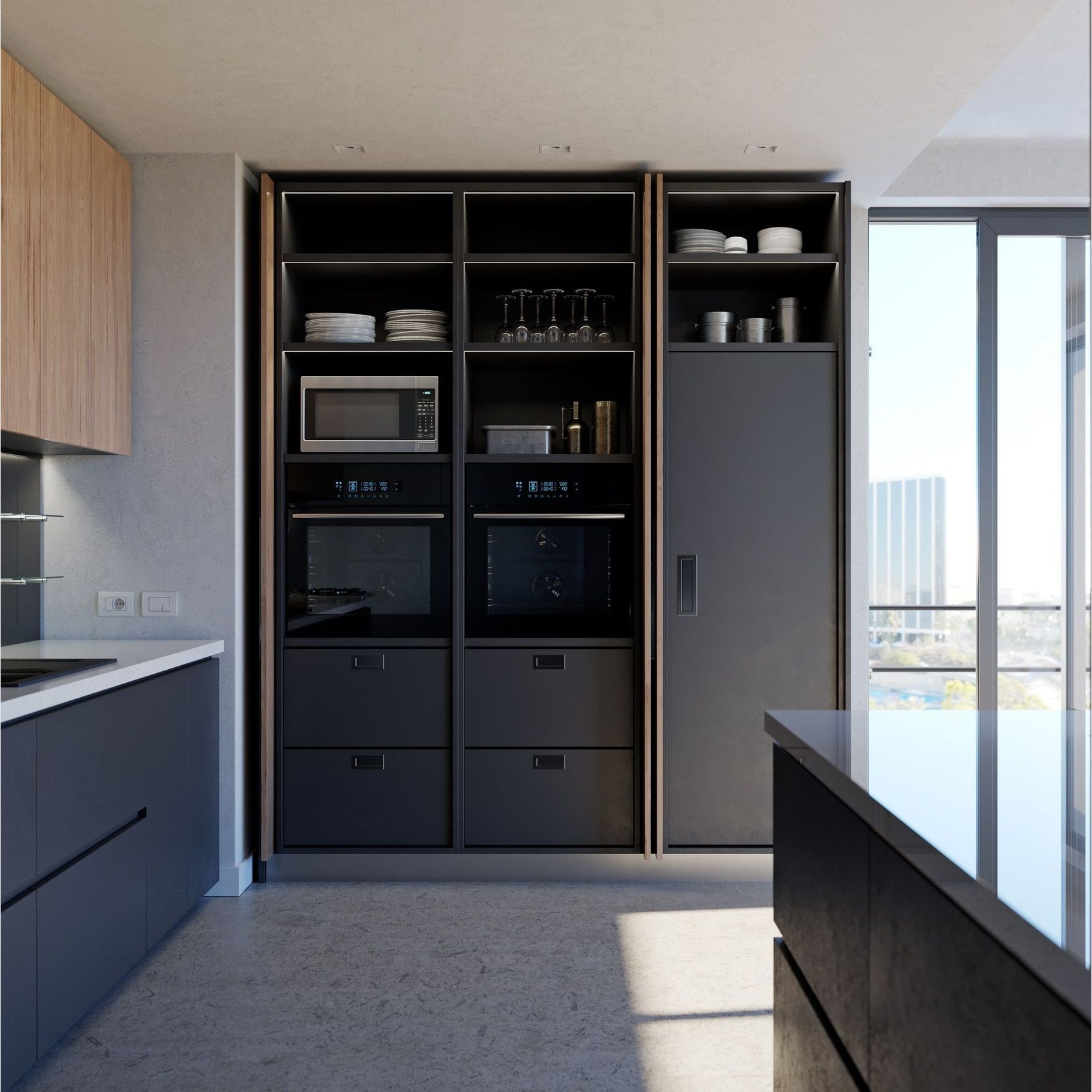 Salice Gravity Pocket Doors Installed with Full Height Doors for Pantry and Appliances - Fully Open
