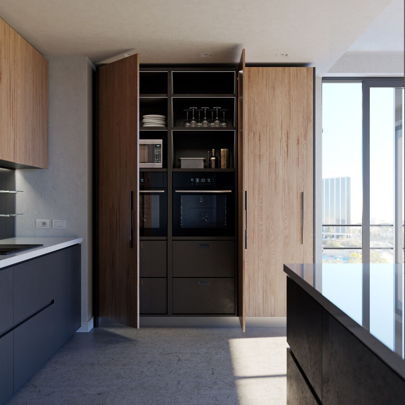 Salice Gravity Pocket Doors Installed with Full Height Doors for Pantry and Appliances - Partially Open