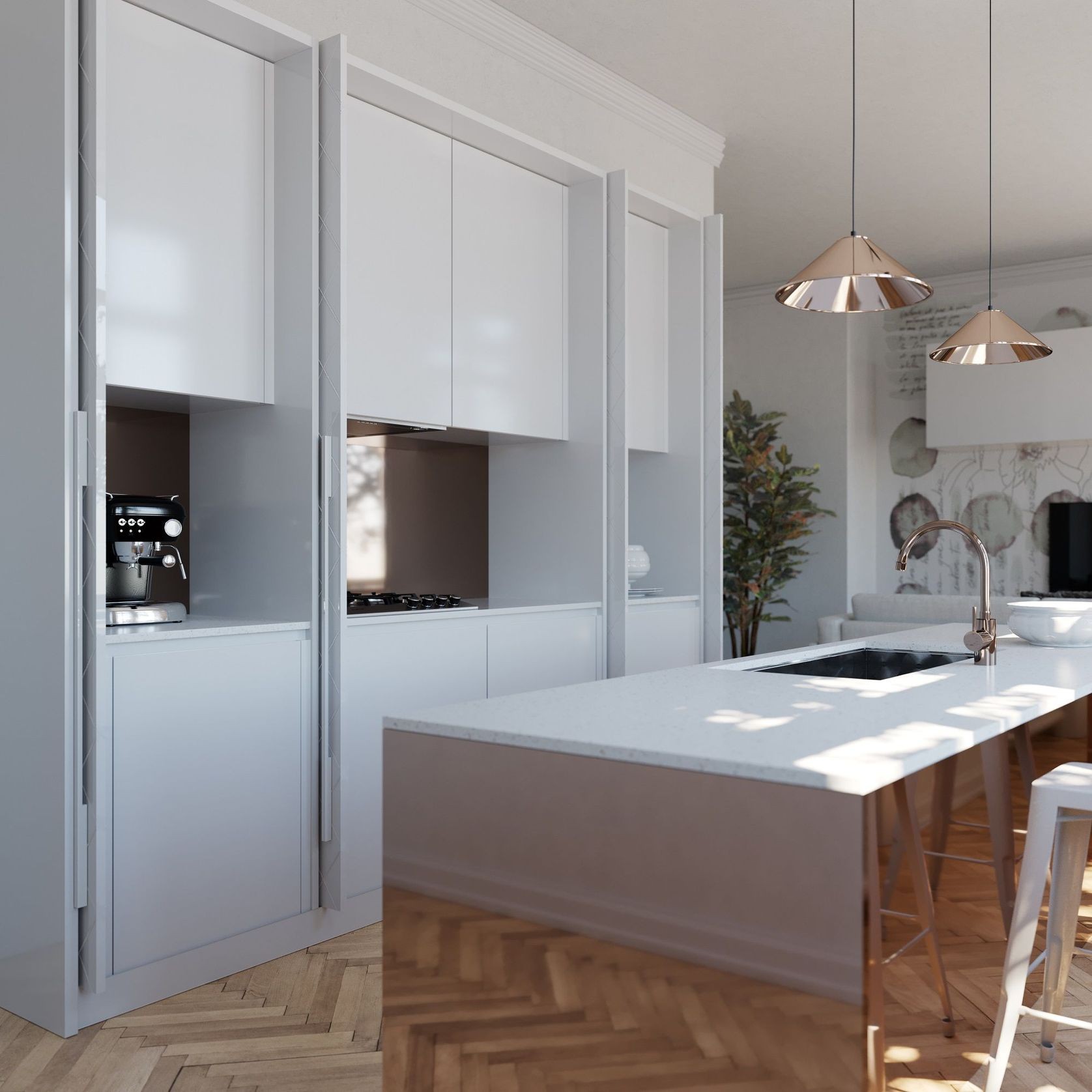 Salice Gravity Pocket Door Installed with Full Height Doors for Kitchen Coffee Station, Hob and Storage - Fully Open