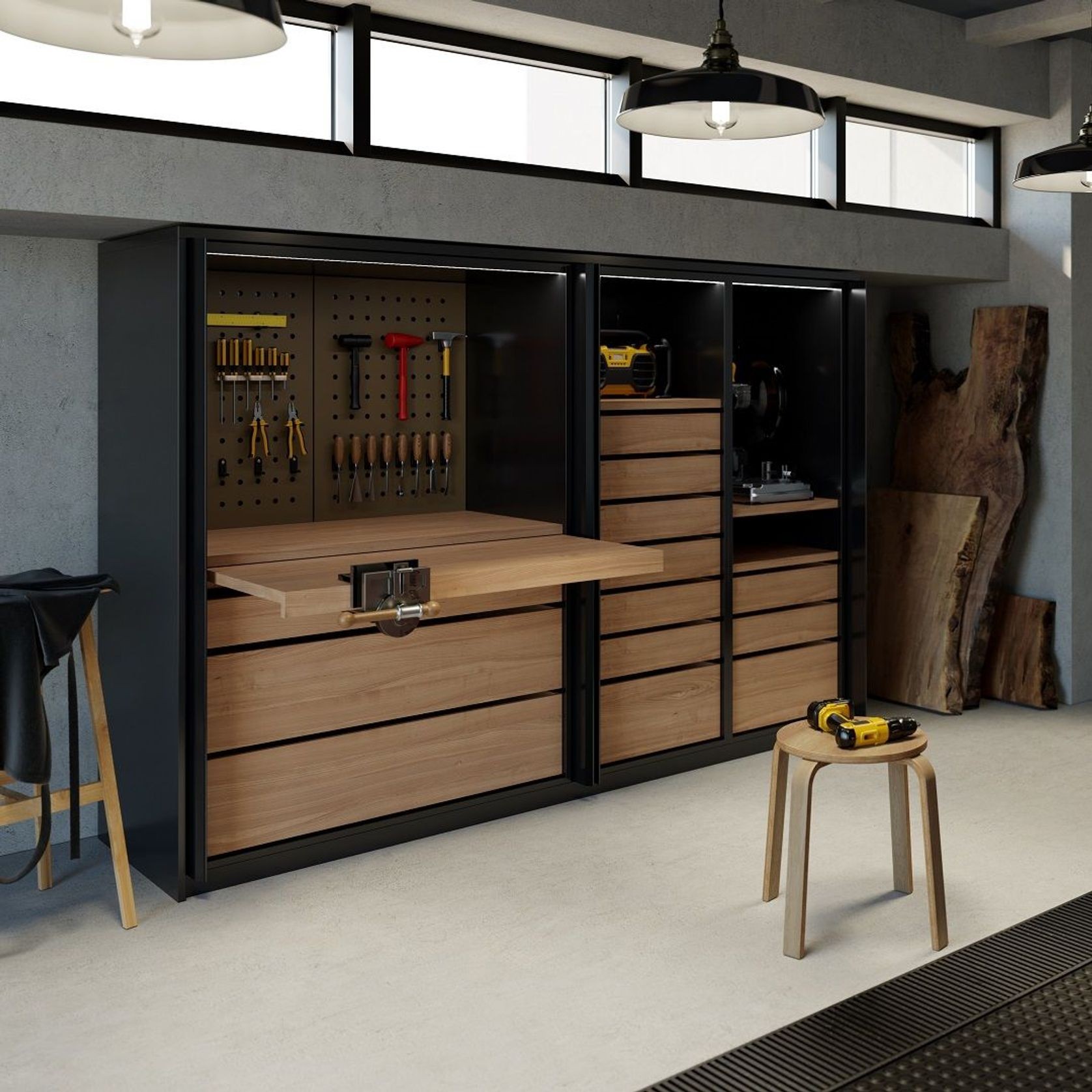 Salice Gravity Pocket Door Installed with Full Height Doors for Garage Workbench - Fully Open