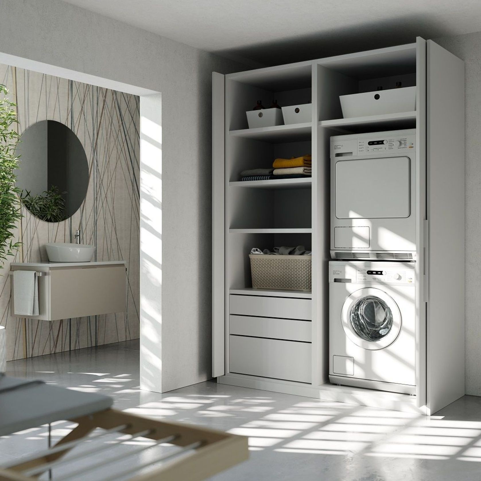 Salice Gravity Pocket Door Installed with Full Height Doors for Laundry Appliance Cupboard - Fully Open
