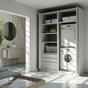 Salice Gravity Pocket Door Installed with Full Height Doors for Laundry Appliance Cupboard - Fully Open