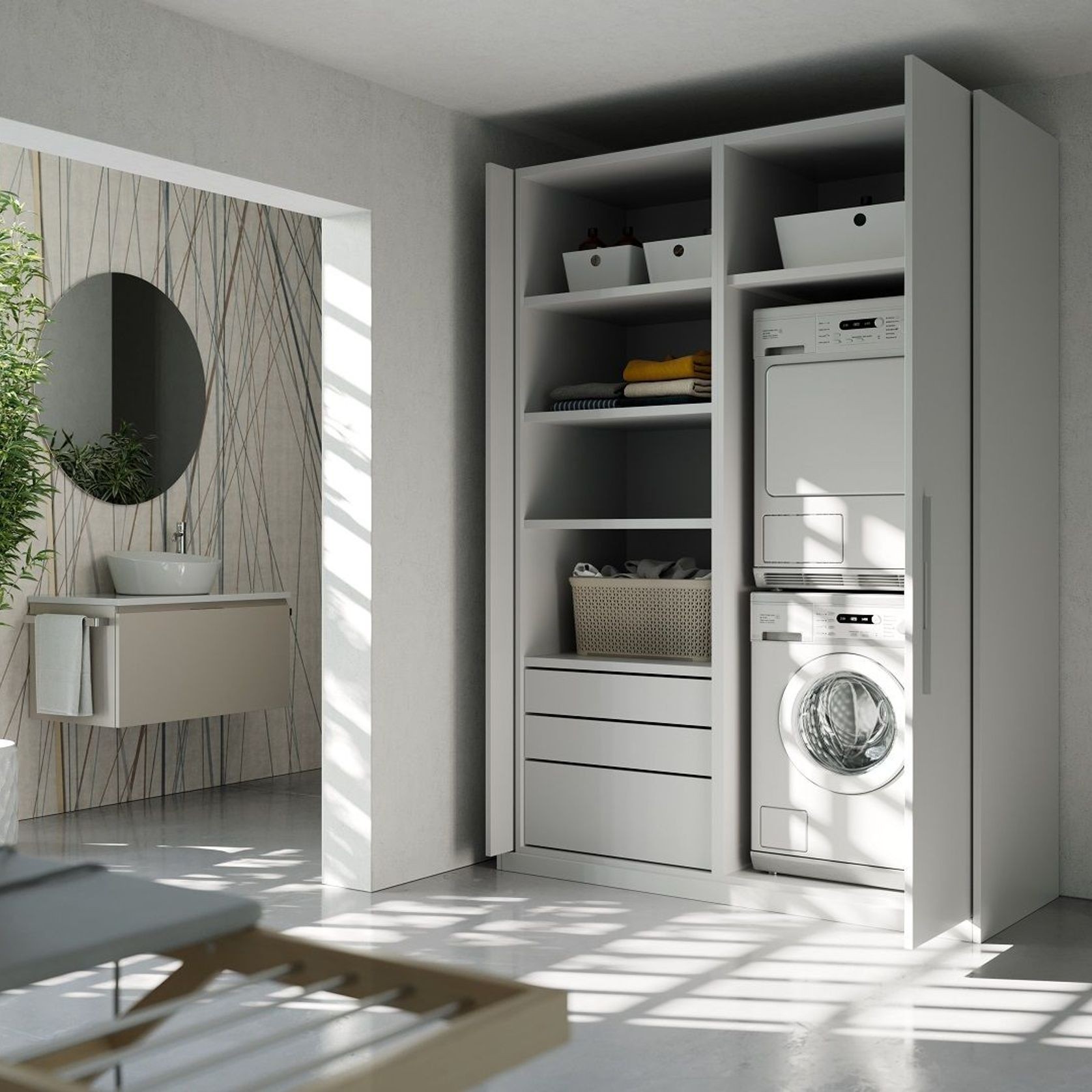 Salice Gravity Pocket Door Installed with Full Height Doors for Laundry Appliance Cupboard - Partially Open