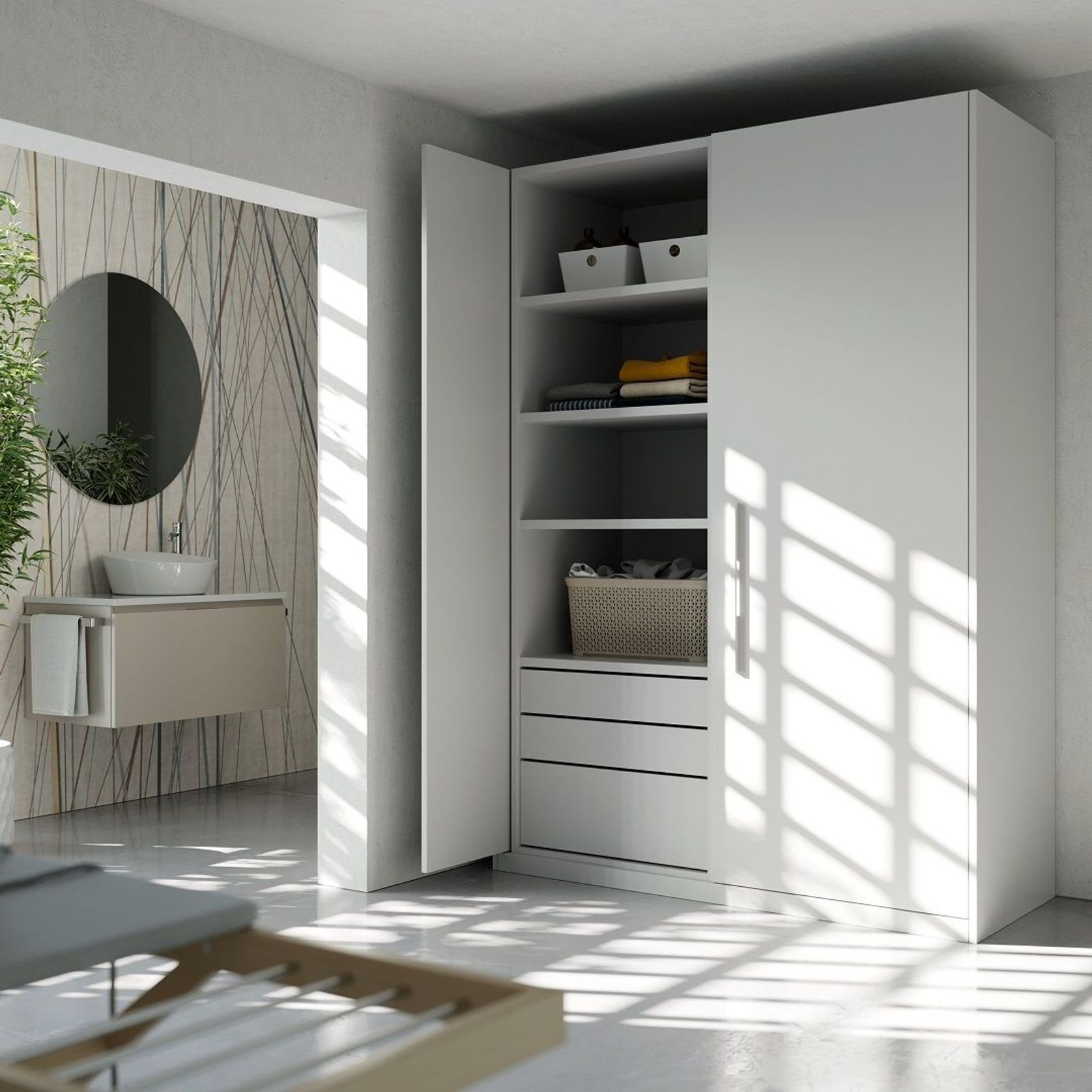 Salice Gravity Pocket Door Installed with Full Height Doors for Laundry Appliance Cupboard - Partiall Open
