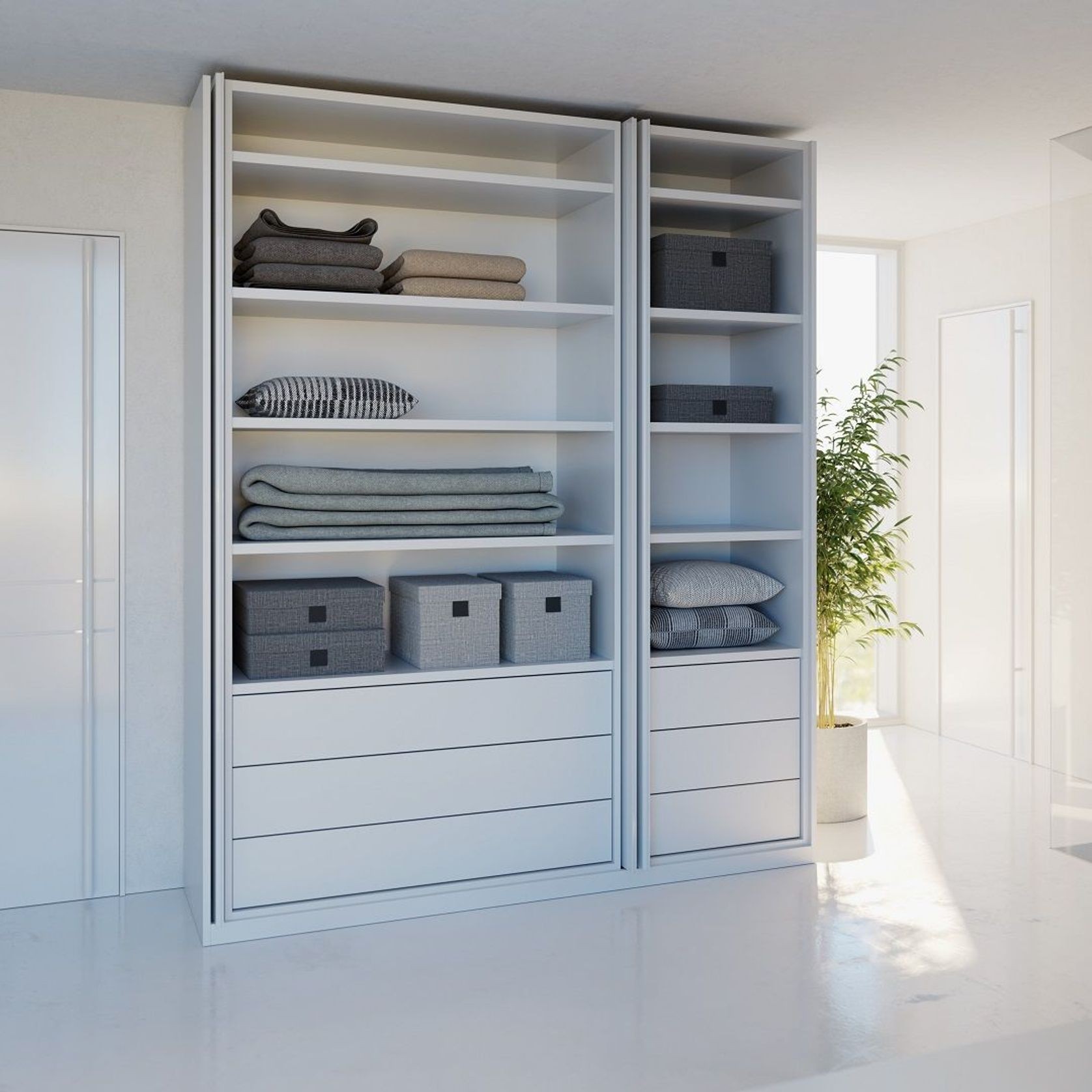 Salice Gravity Pocket Door Installed with Full Height Doors for Linen Cupboard - Fully Open