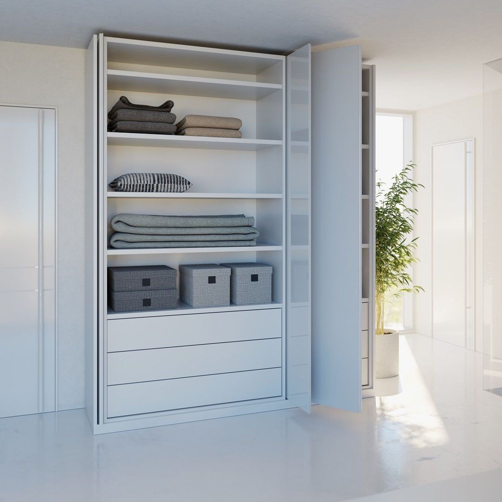 Salice Gravity Pocket Door Installed with Full Height Doors for Linen Cupboard - Partially Open