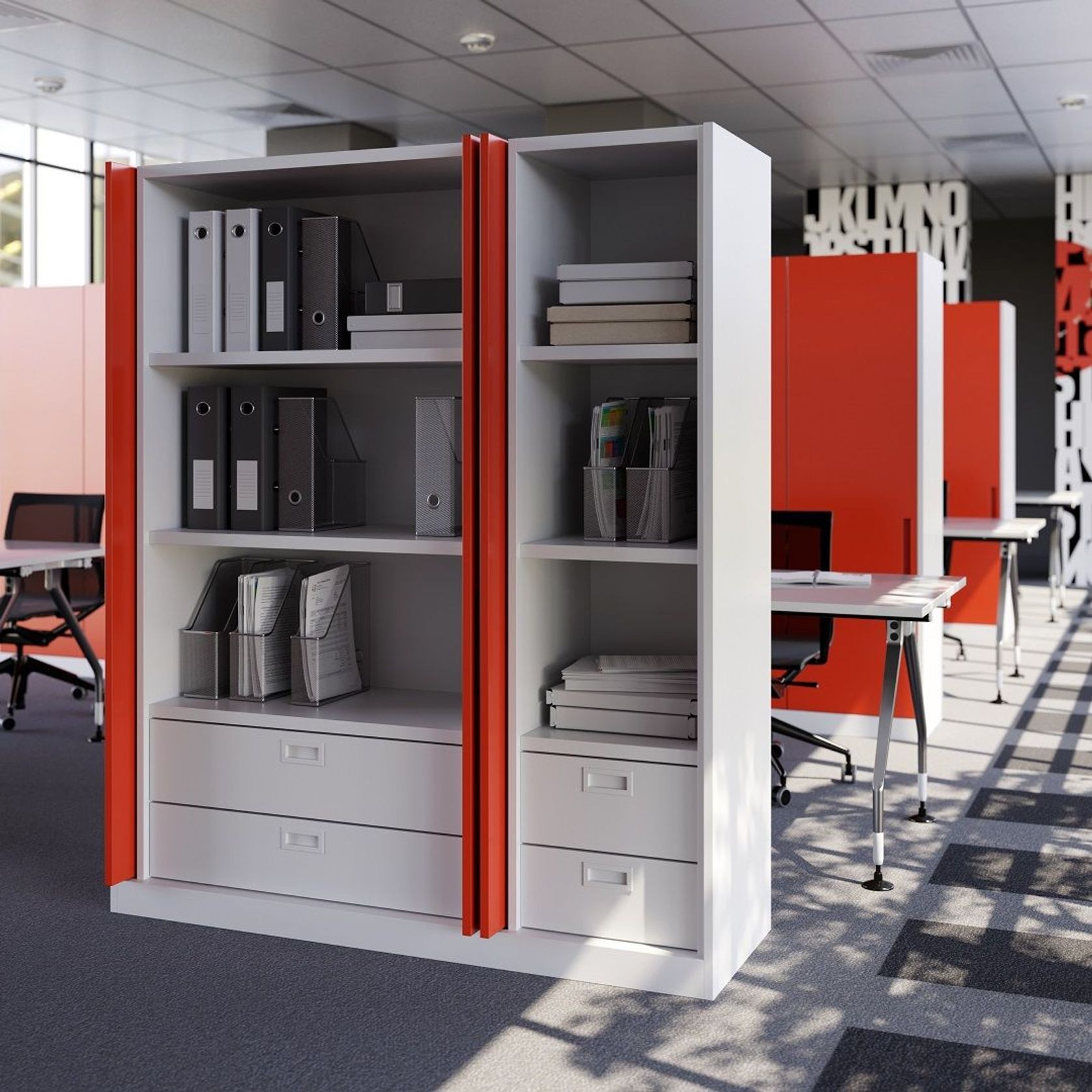 Salice Gravity Pocket Door Installed with Full Height Doors for Office Storage Cupboard - Fully Open