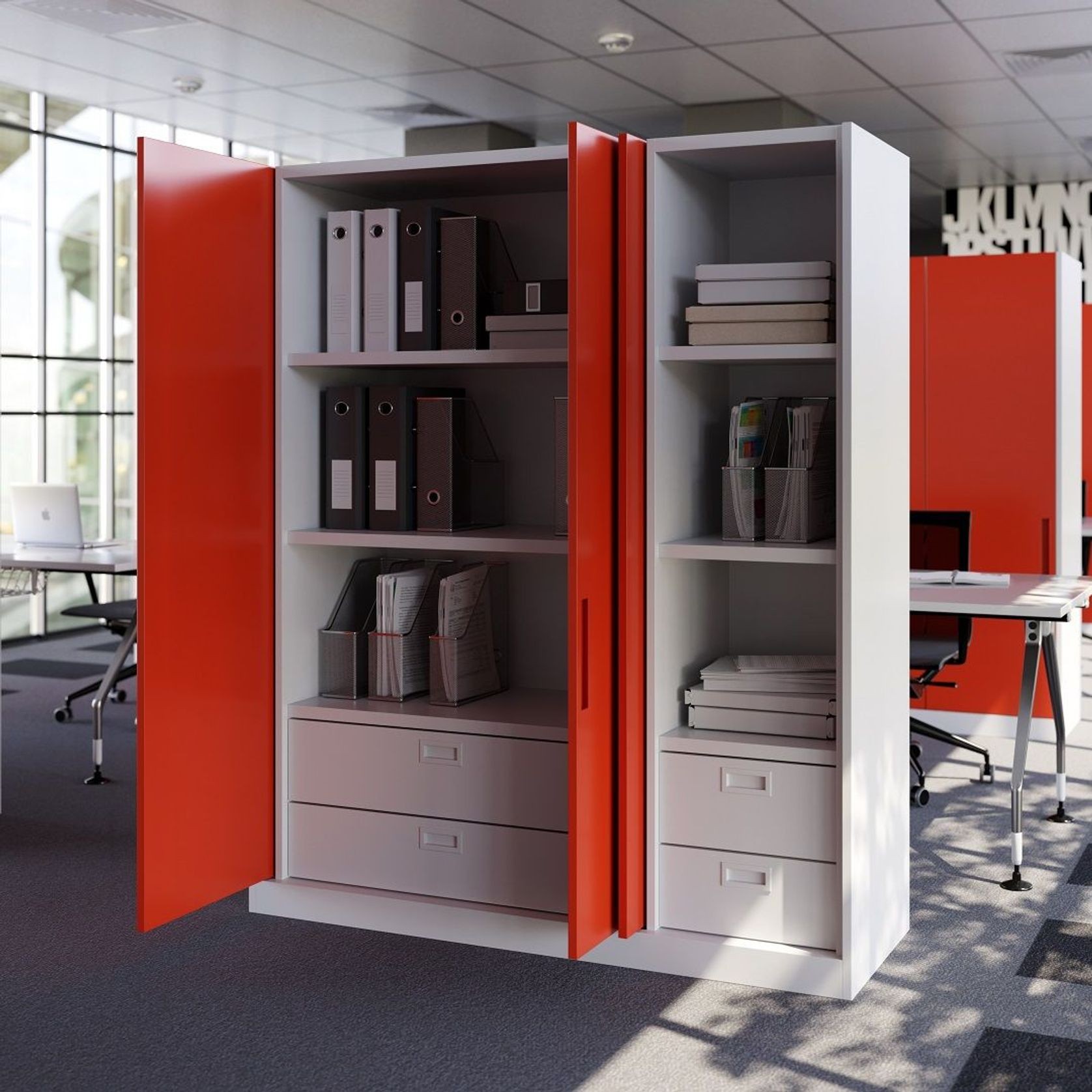 Salice Gravity Pocket Door Installed with Full Height Doors for Office Storage Cupboard - Partially Open