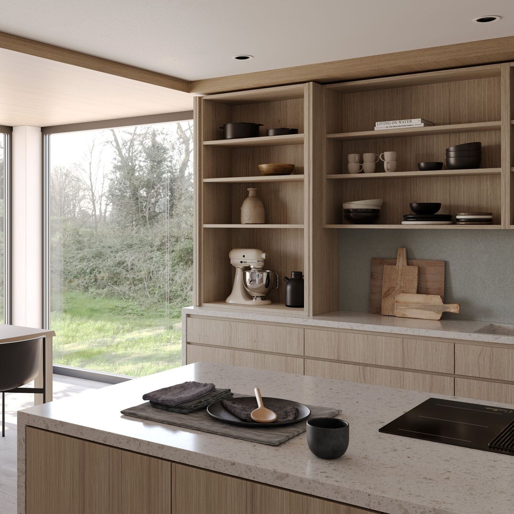 Salice Gravity Pocket Doors Installed Over Bench - Fully Open