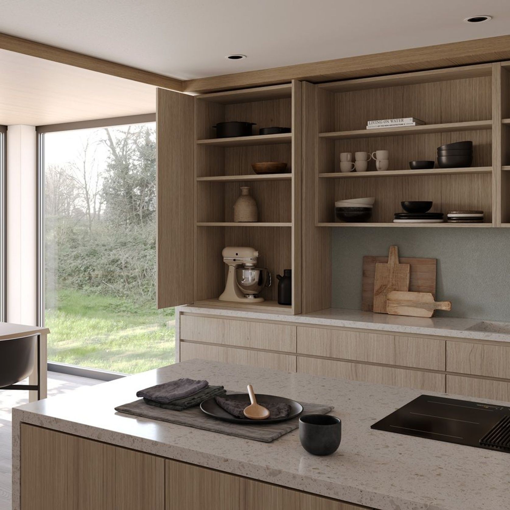 Salice Gravity Pocket Doors Installed Over Bench - Partially Open