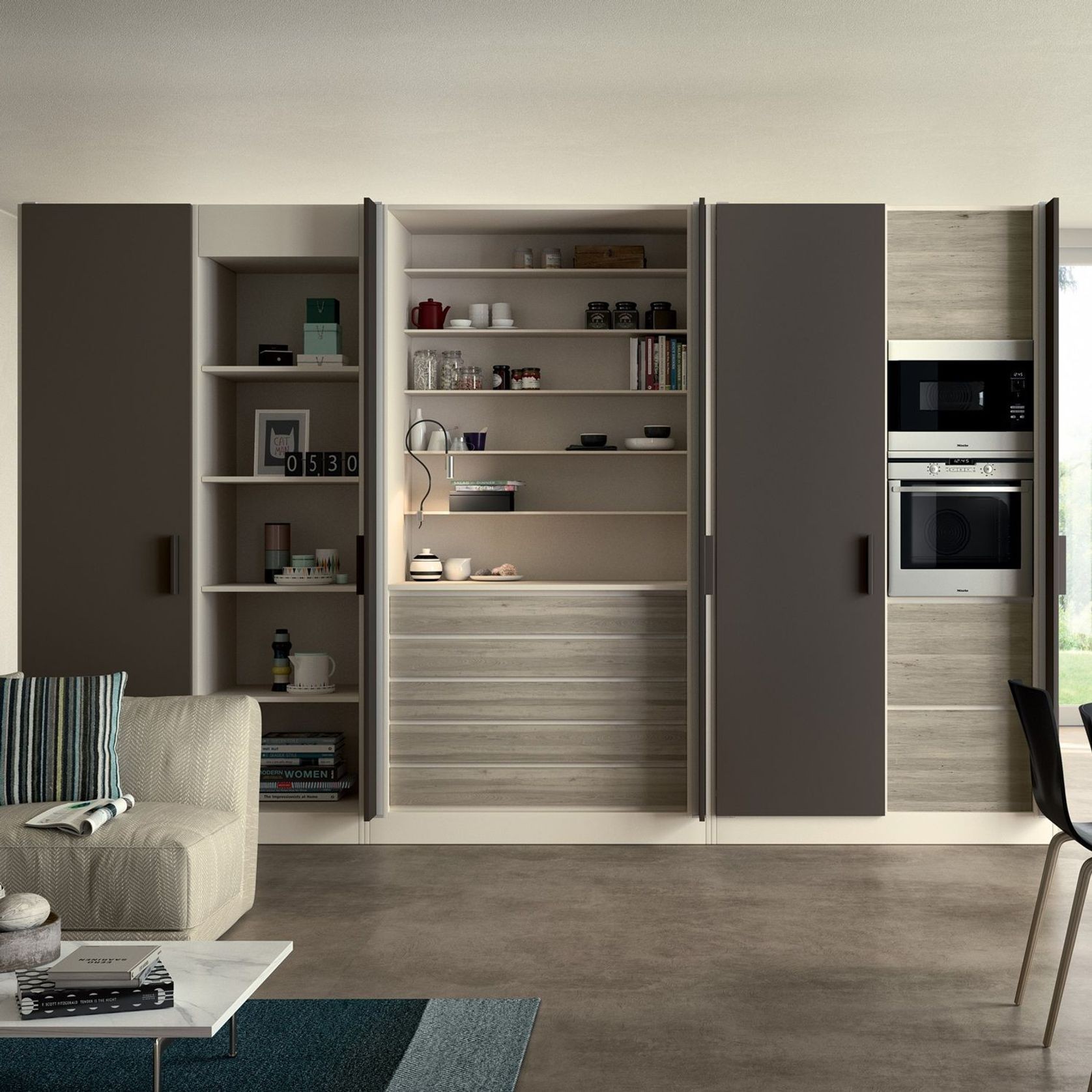 Salice Gravity Pocket Doors Installed with Full Height Doors for Pantry and Appliance Tower