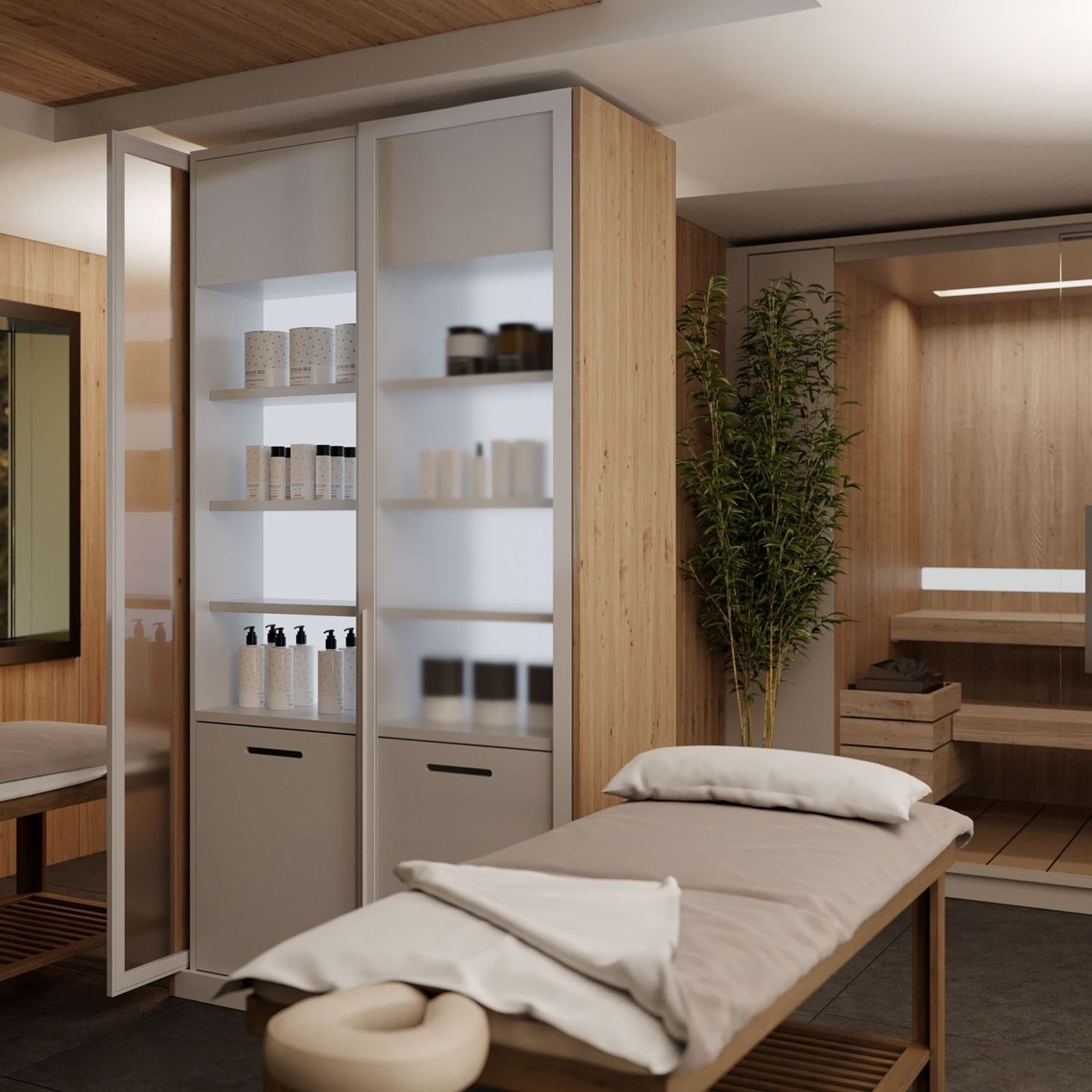Salice Gravity Pocket Door Installed with Full Height Doors for Beauty Spa - Partially Open