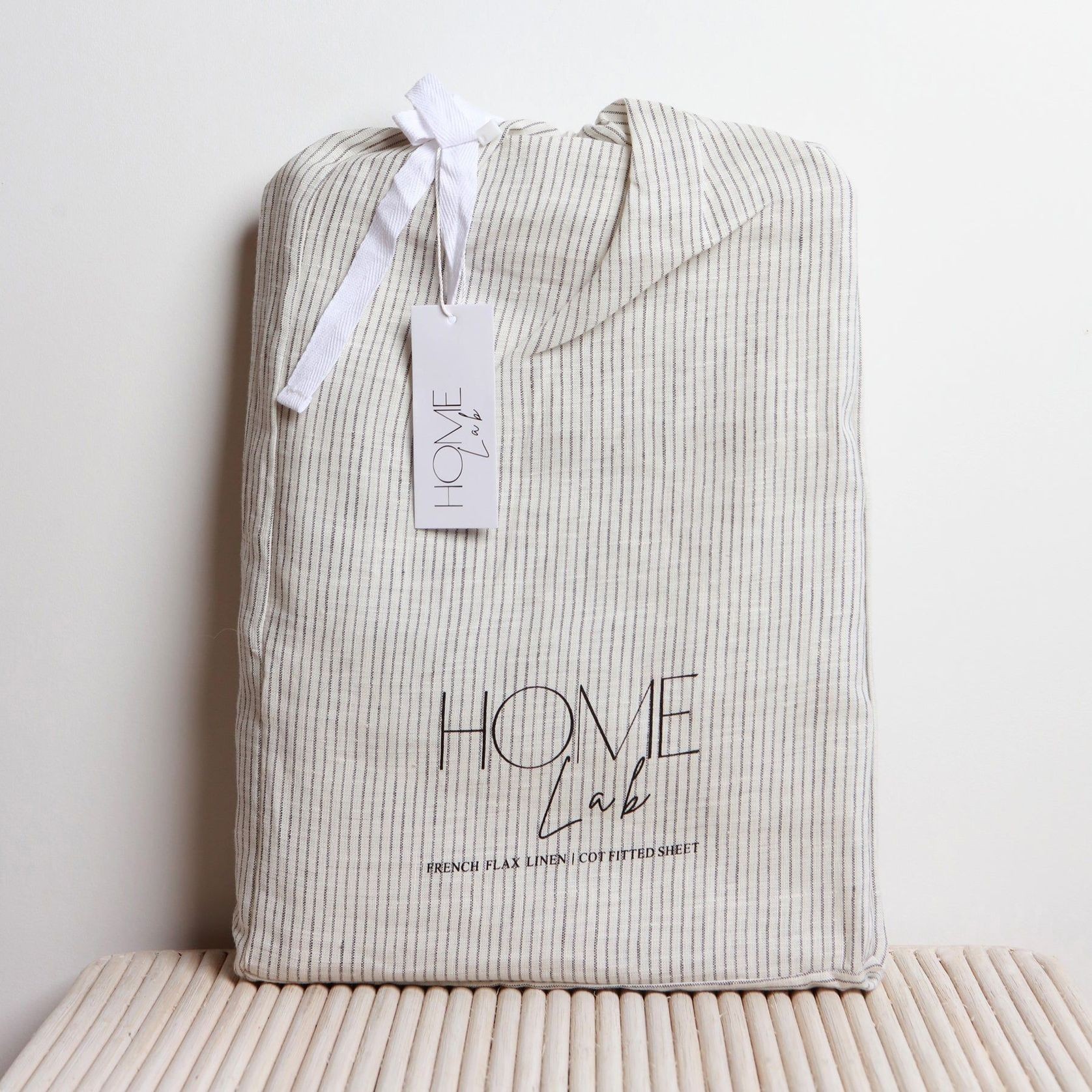 100% French Flax Linen fitted Cot Sheet- Charcoal Pinstripe gallery detail image