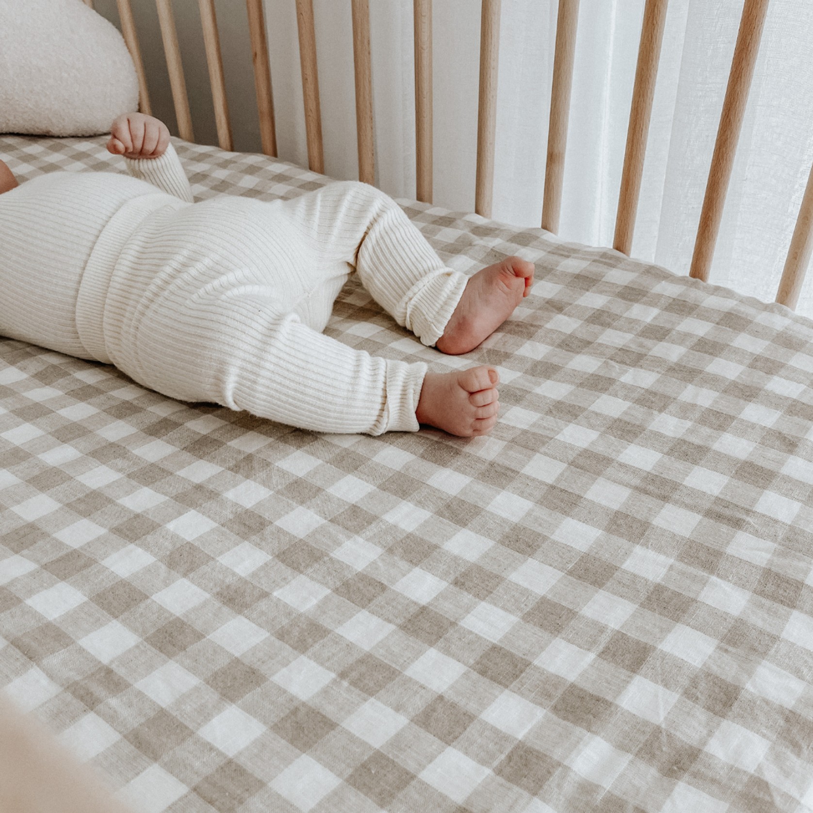 100% French Flax Linen Fitted Cot sheet- Natural Gingham gallery detail image